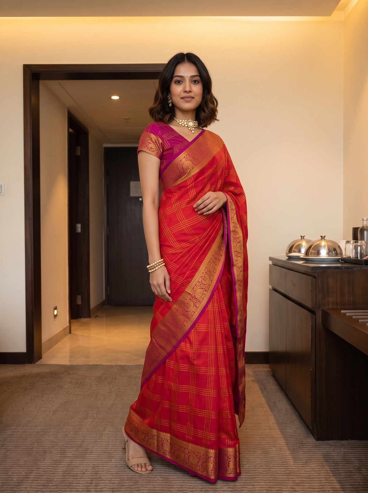 MIMOSA Orange Mysore Silk Crepe Saree — pose 9 styling detail