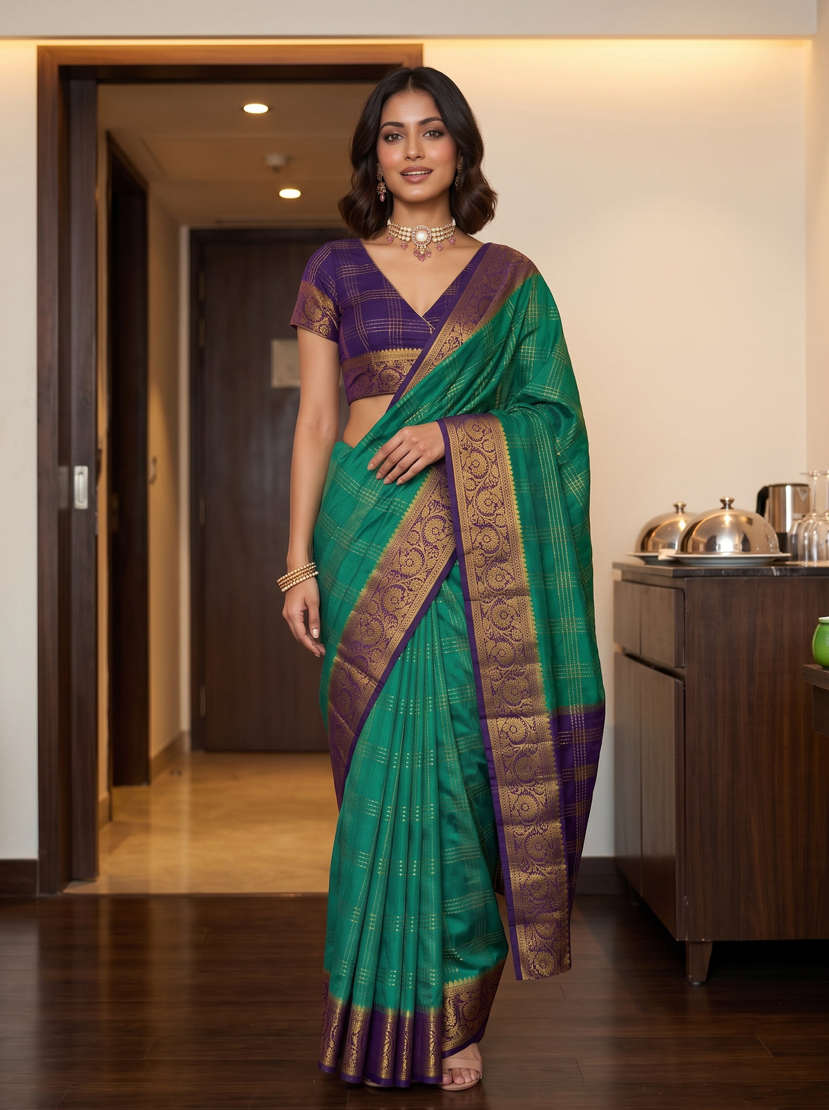 MIMOSA Rama Mysore Silk Crepe Saree — pose 9 styling detail