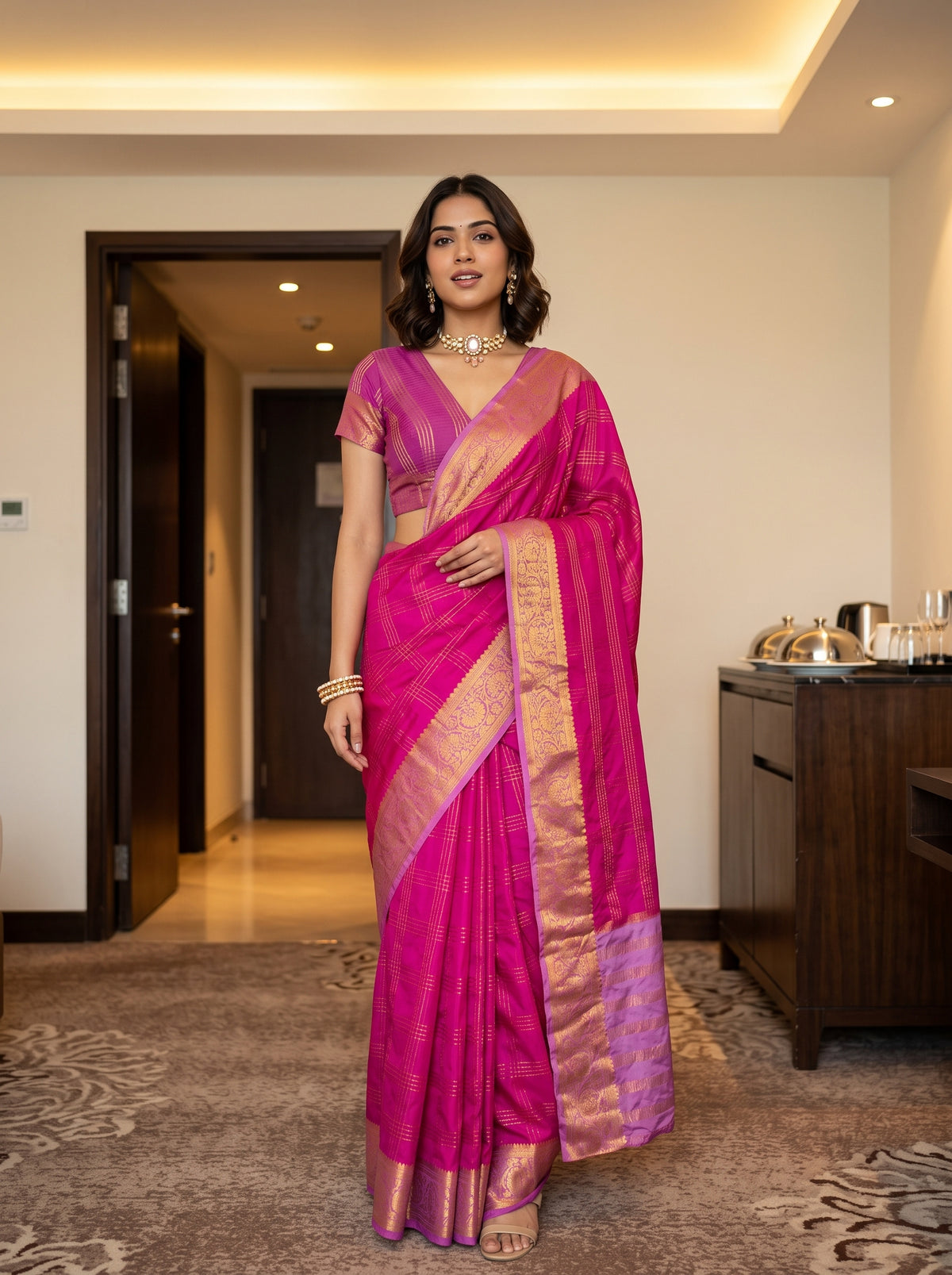 MIMOSA Rani Mysore Silk Crepe Saree — AI Model lifestyle pose 1