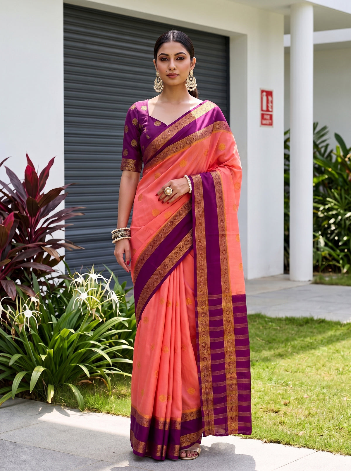 MIMOSA Peach Mysore Silk Saree — front view on mannequin