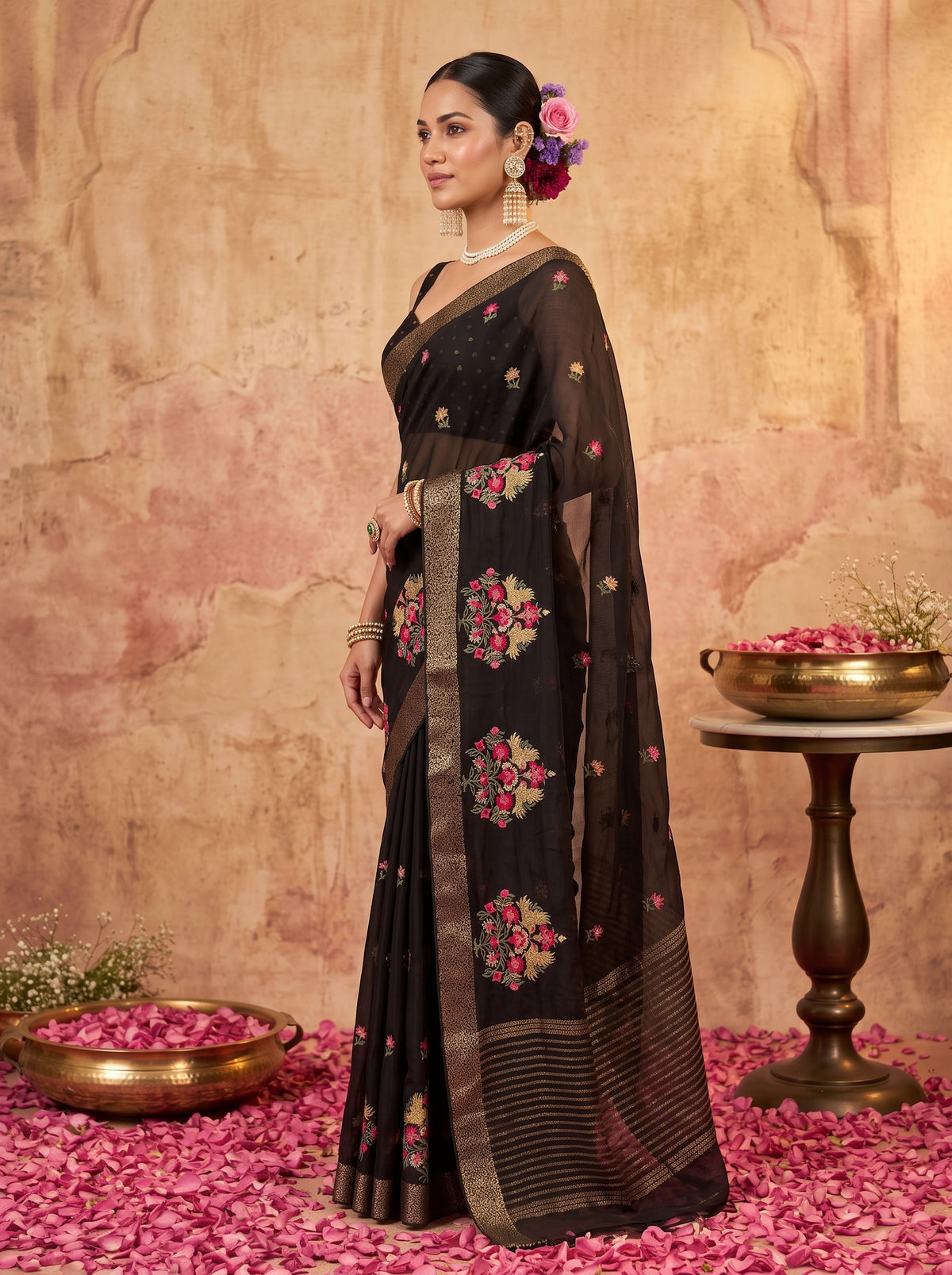 MIMOSA Black Jaipur Saree — pose 3 styling detail