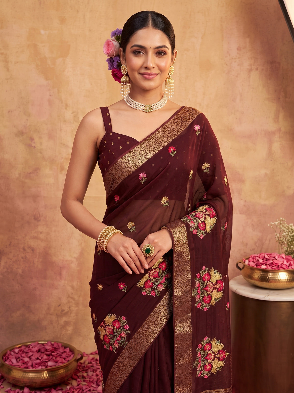 MIMOSA Chocolate Jaipur Saree — pose 10 styling detail