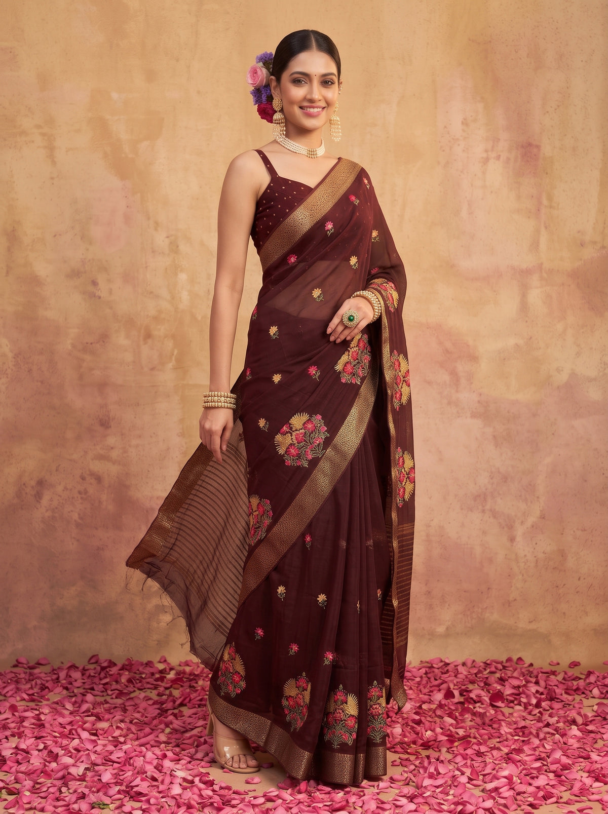 MIMOSA Chocolate Jaipur Saree — pose 9 styling detail