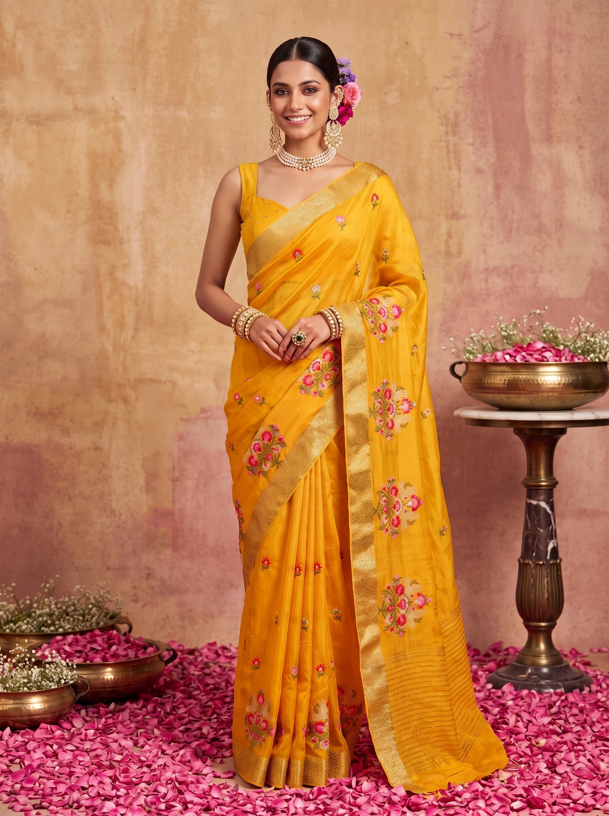MIMOSA Gold Jaipur Saree — front view on mannequin