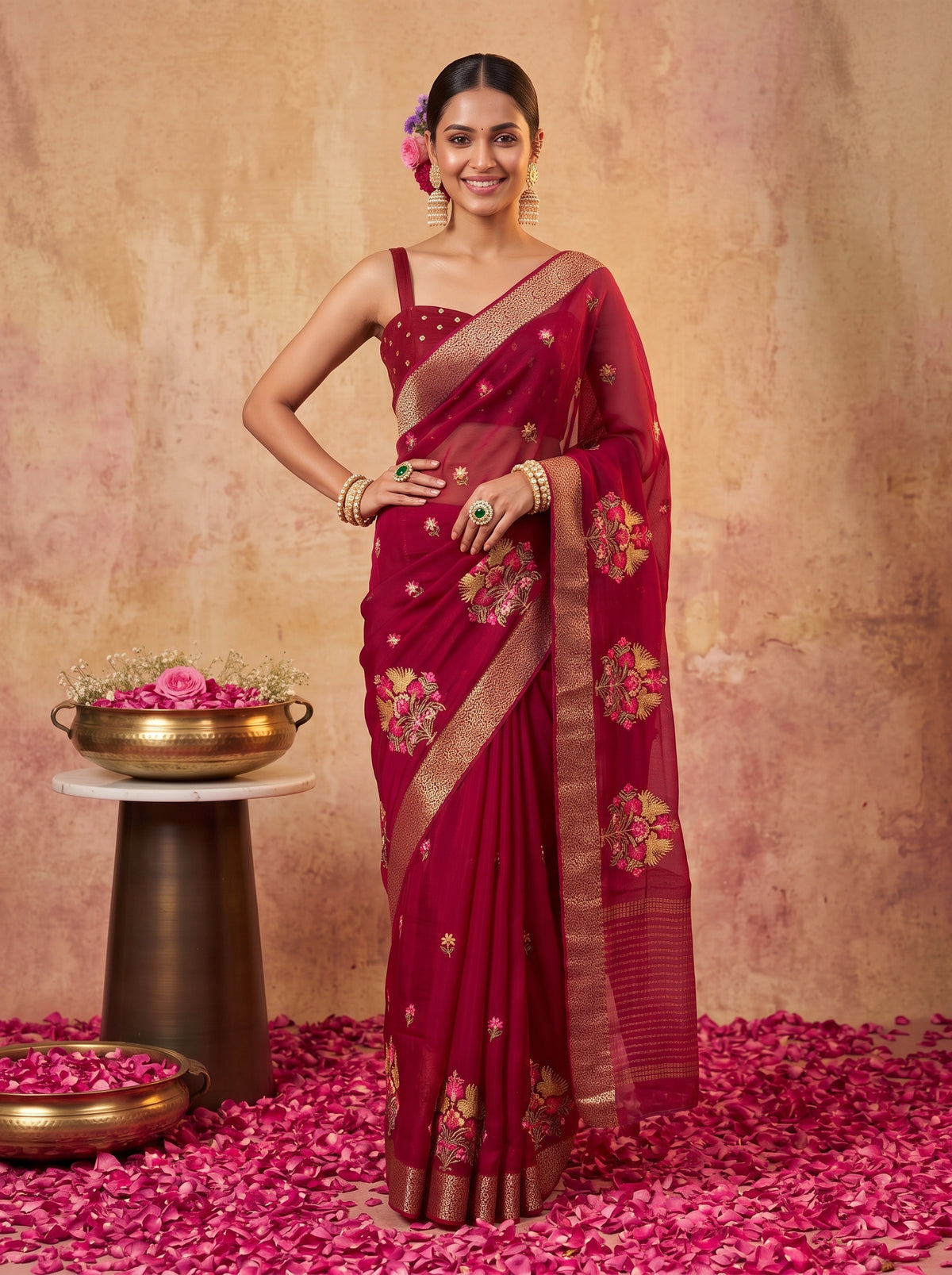 MIMOSA Maroon Jaipur Saree — pose 4 styling detail