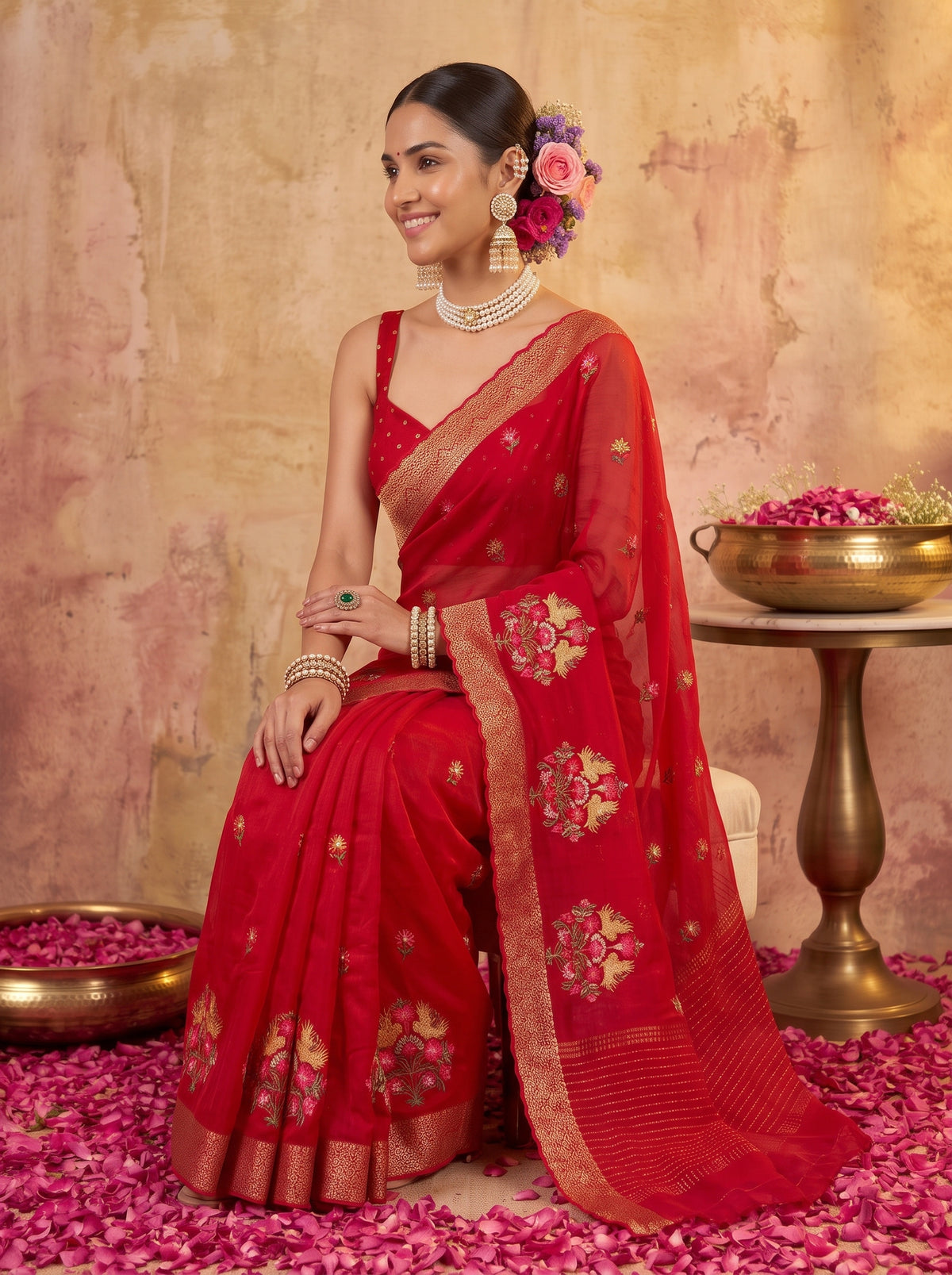 MIMOSA Red Jaipur Saree — pose 10 styling detail