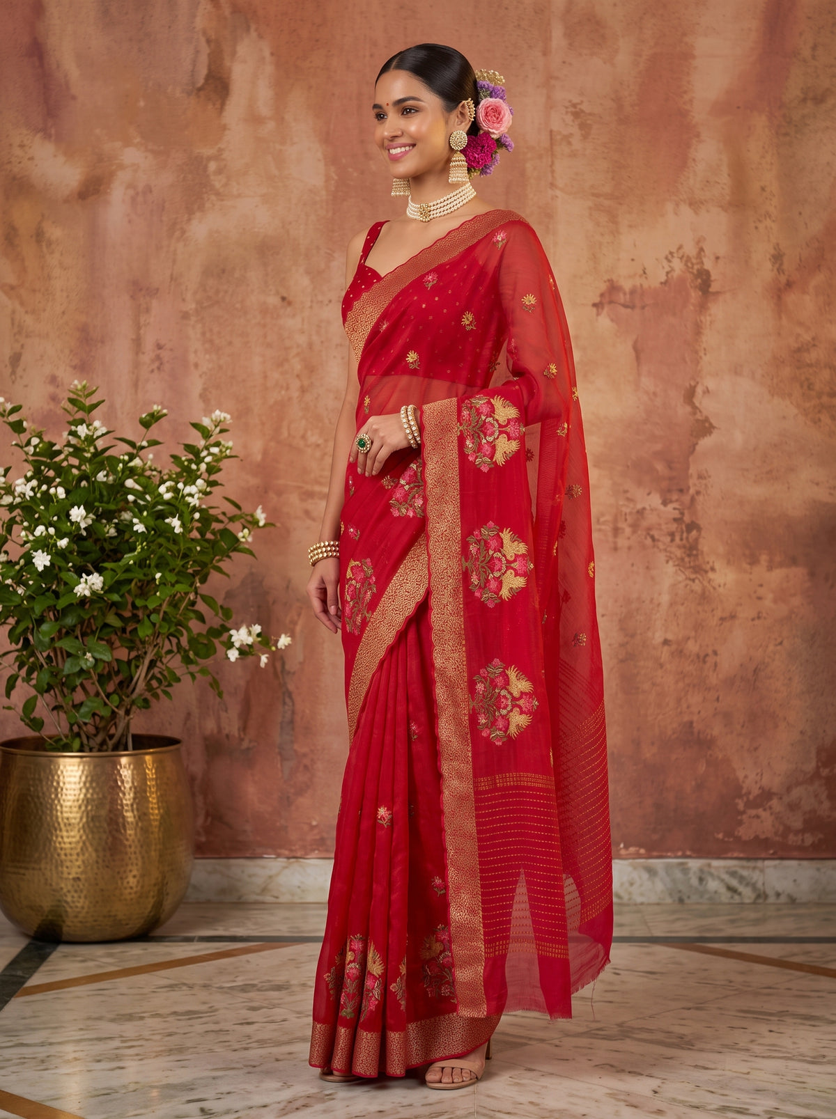 MIMOSA Red Jaipur Saree — pose 3 styling detail
