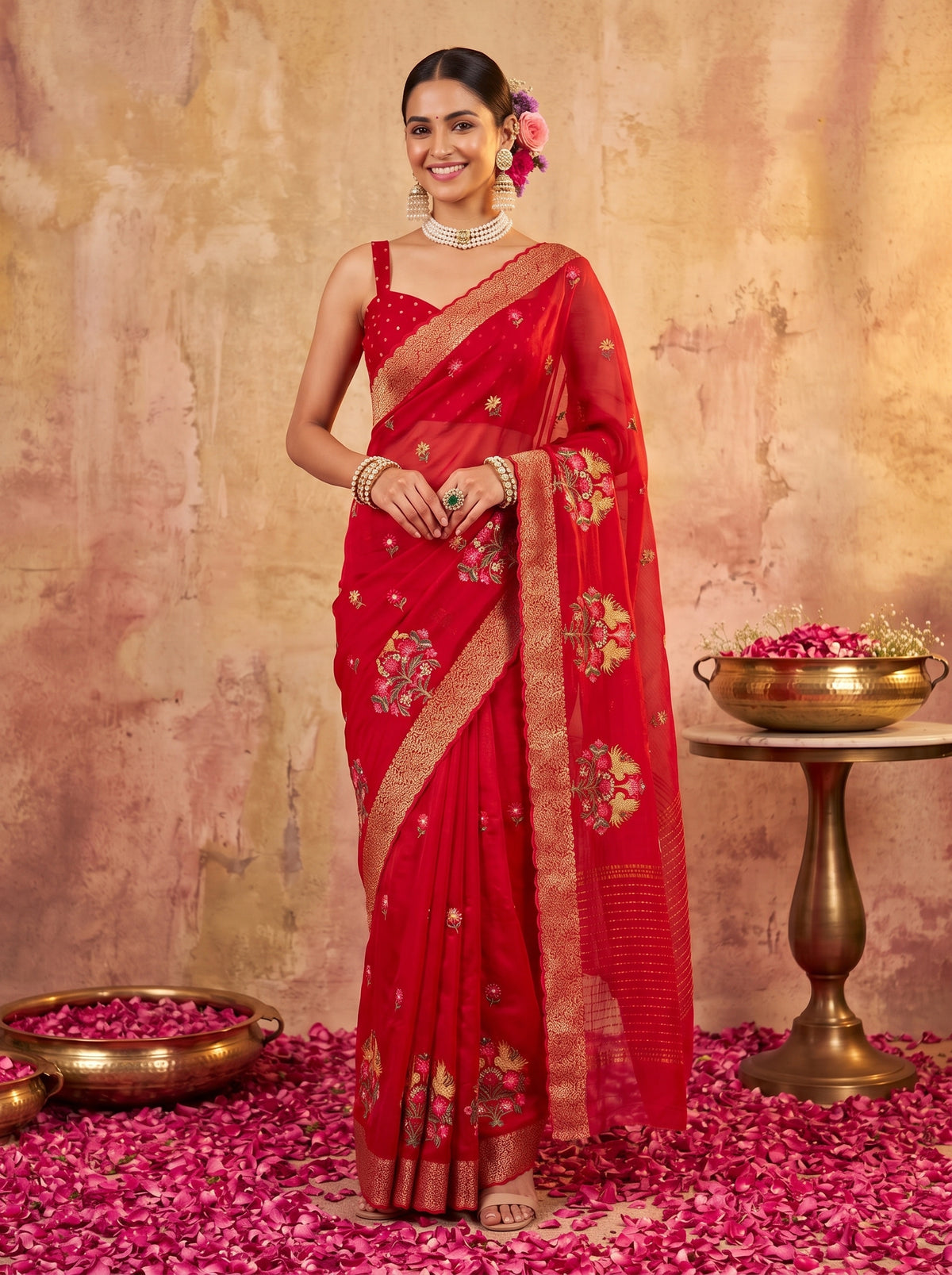 MIMOSA Red Jaipur Saree — pose 4 styling detail