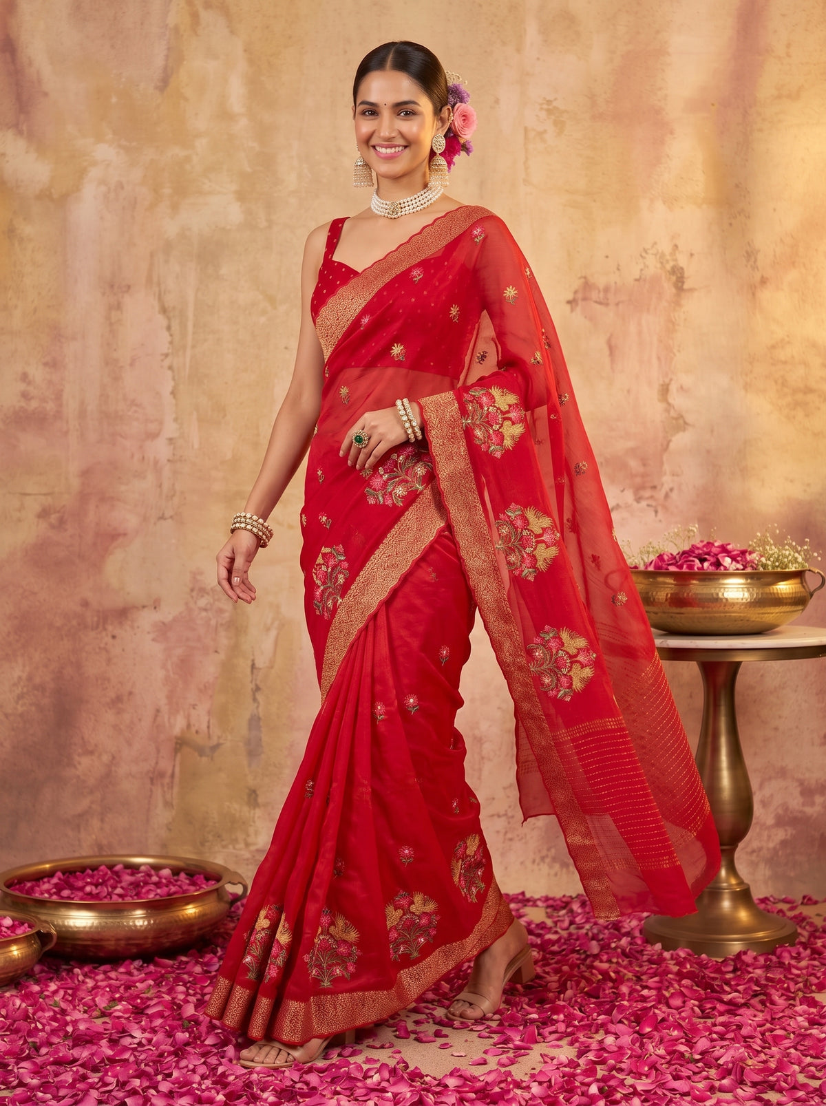 MIMOSA Red Jaipur Saree — pose 6 styling detail