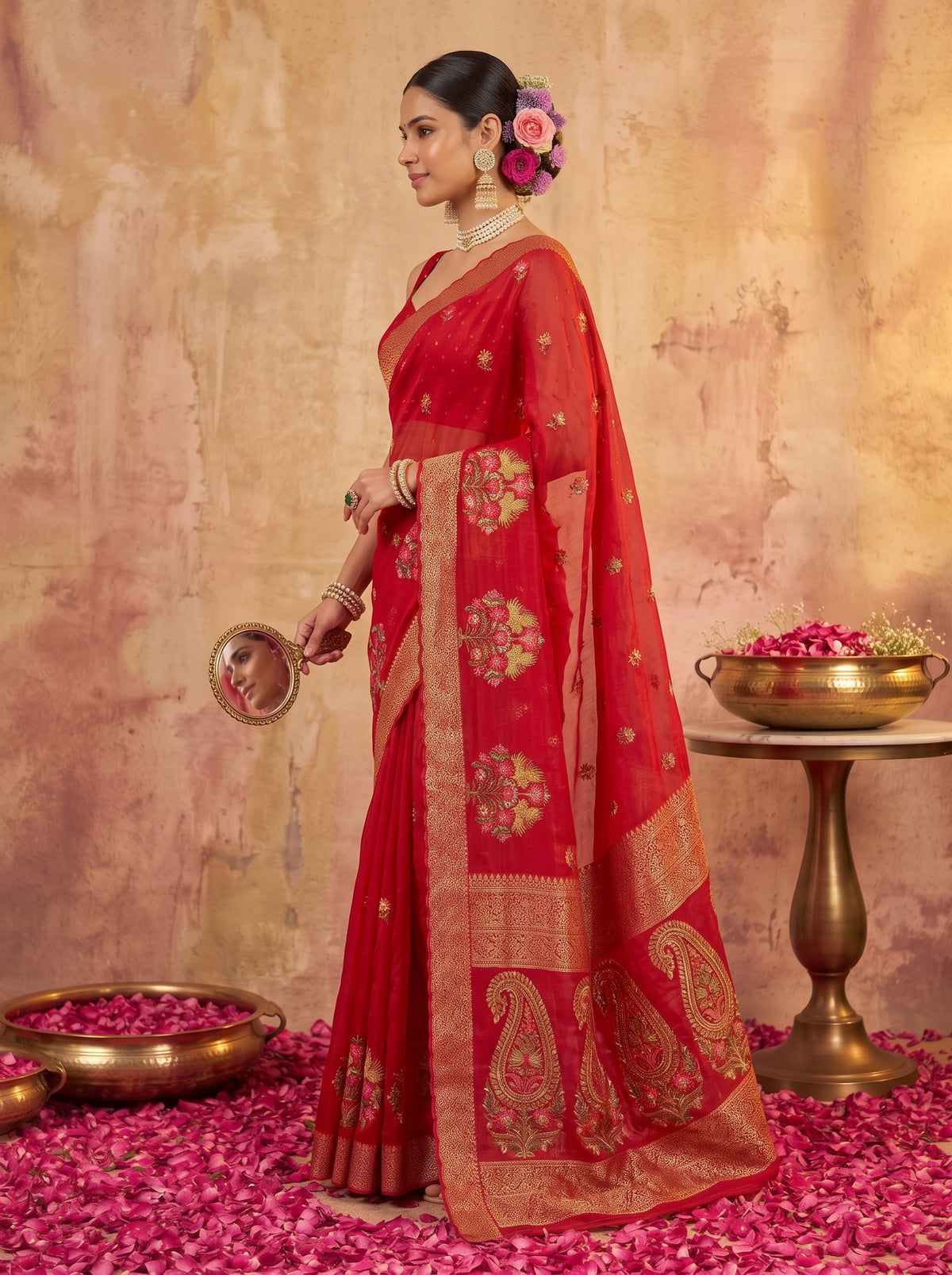 MIMOSA Red Jaipur Saree — pose 9 styling detail