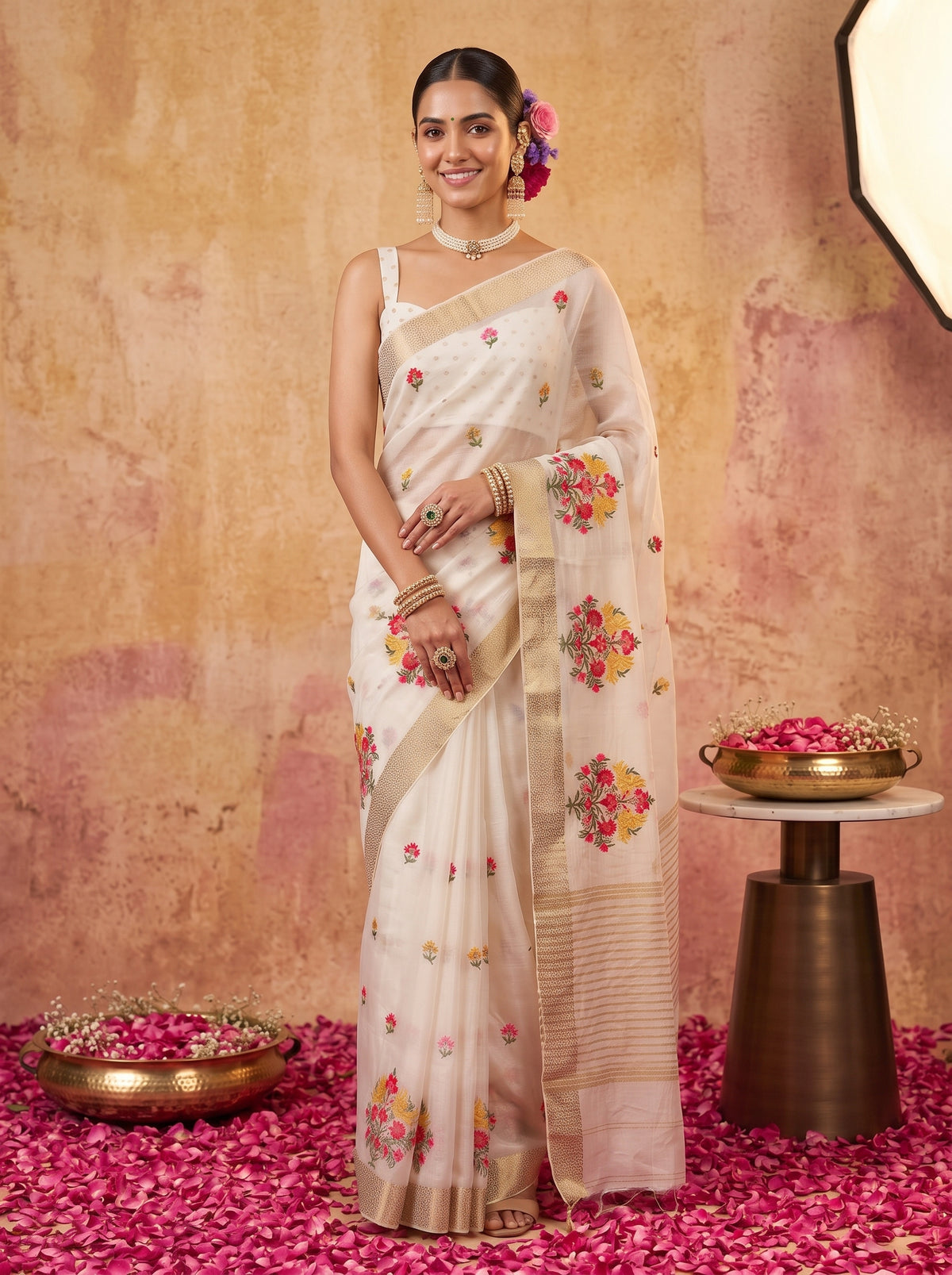MIMOSA White Jaipur Saree — pose 10 styling detail