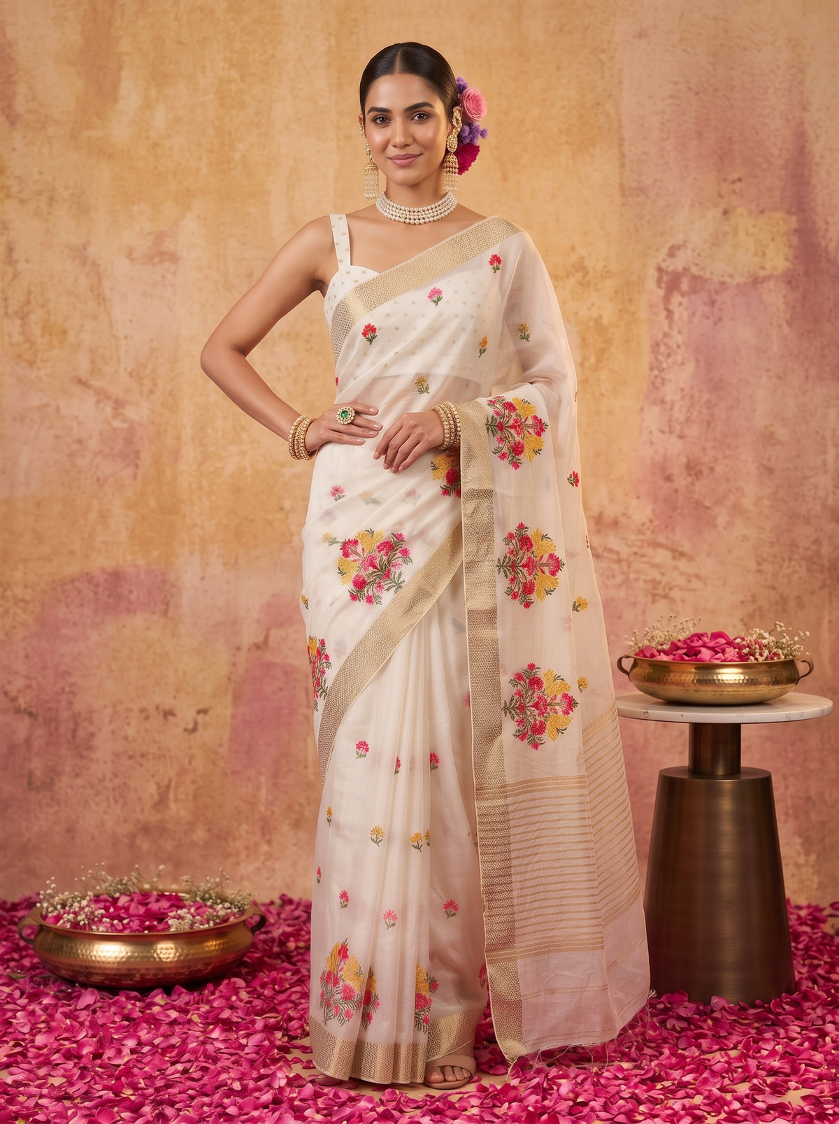 MIMOSA White Jaipur Saree — pose 4 styling detail
