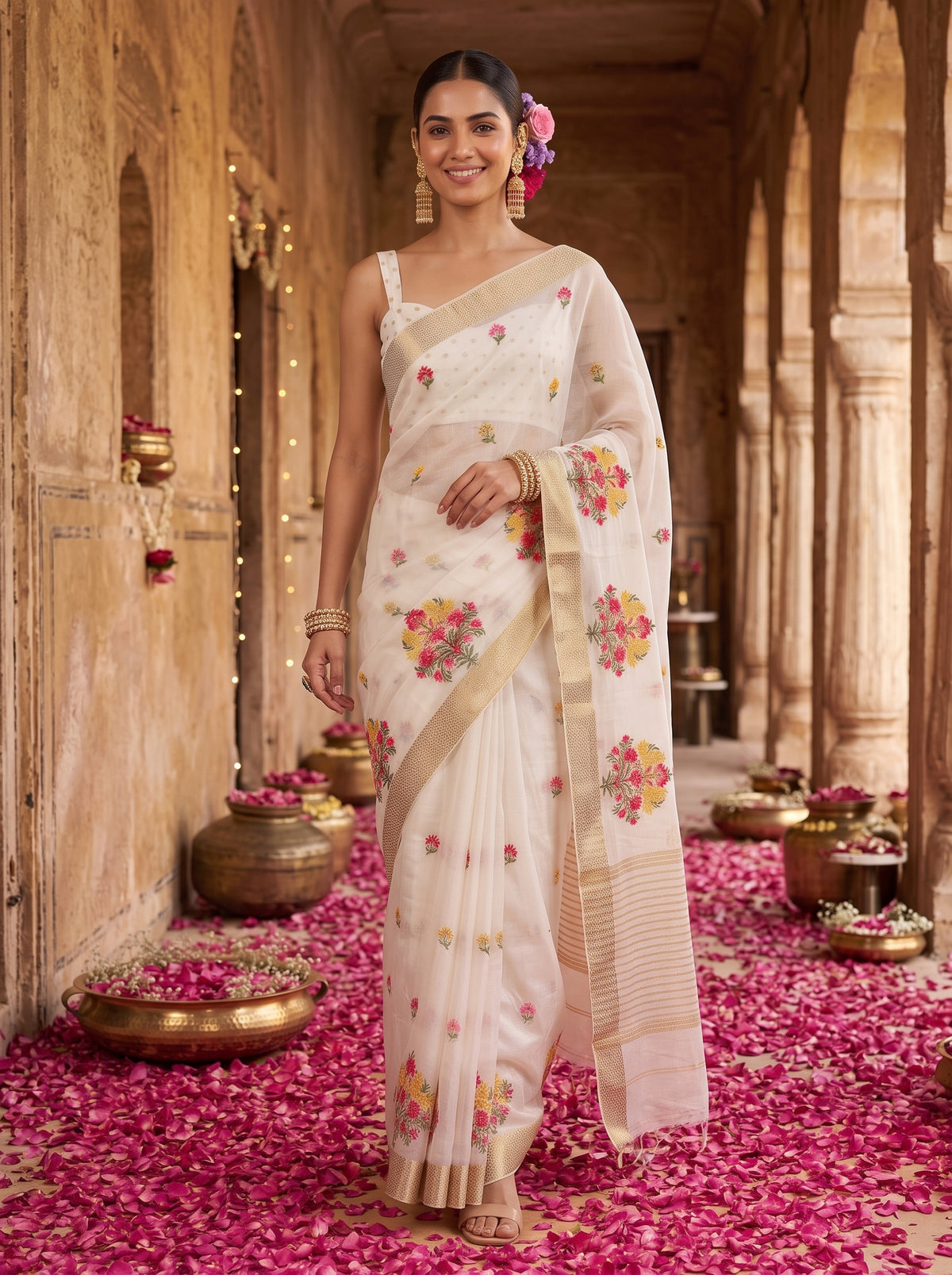 MIMOSA White Jaipur Saree — pose 6 styling detail