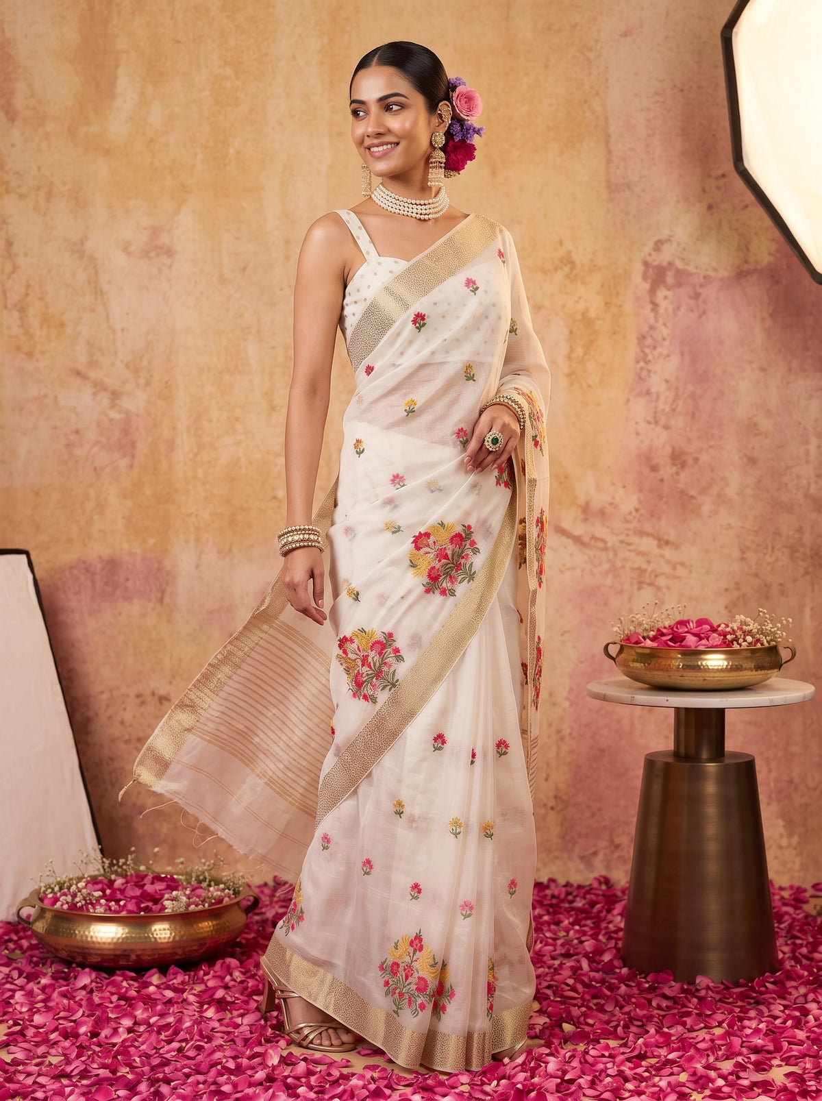 MIMOSA White Jaipur Saree — pose 9 styling detail