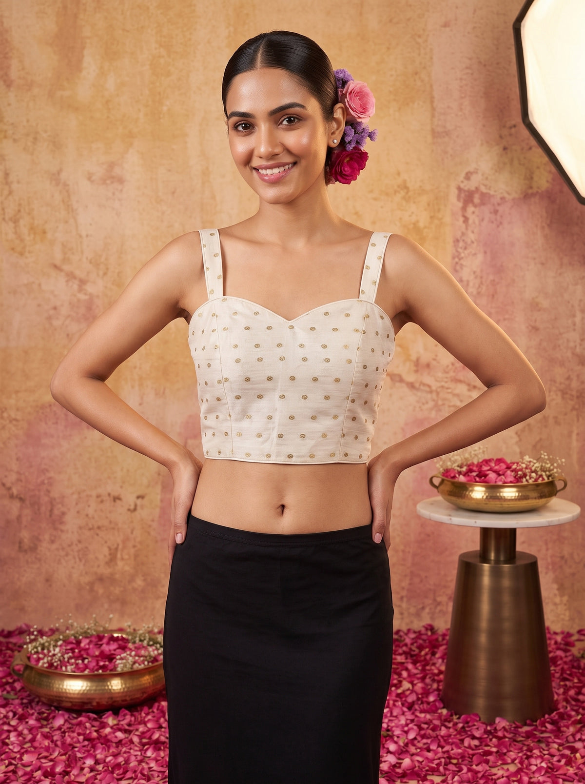 MIMOSA White Jaipur Saree — blouse close-up