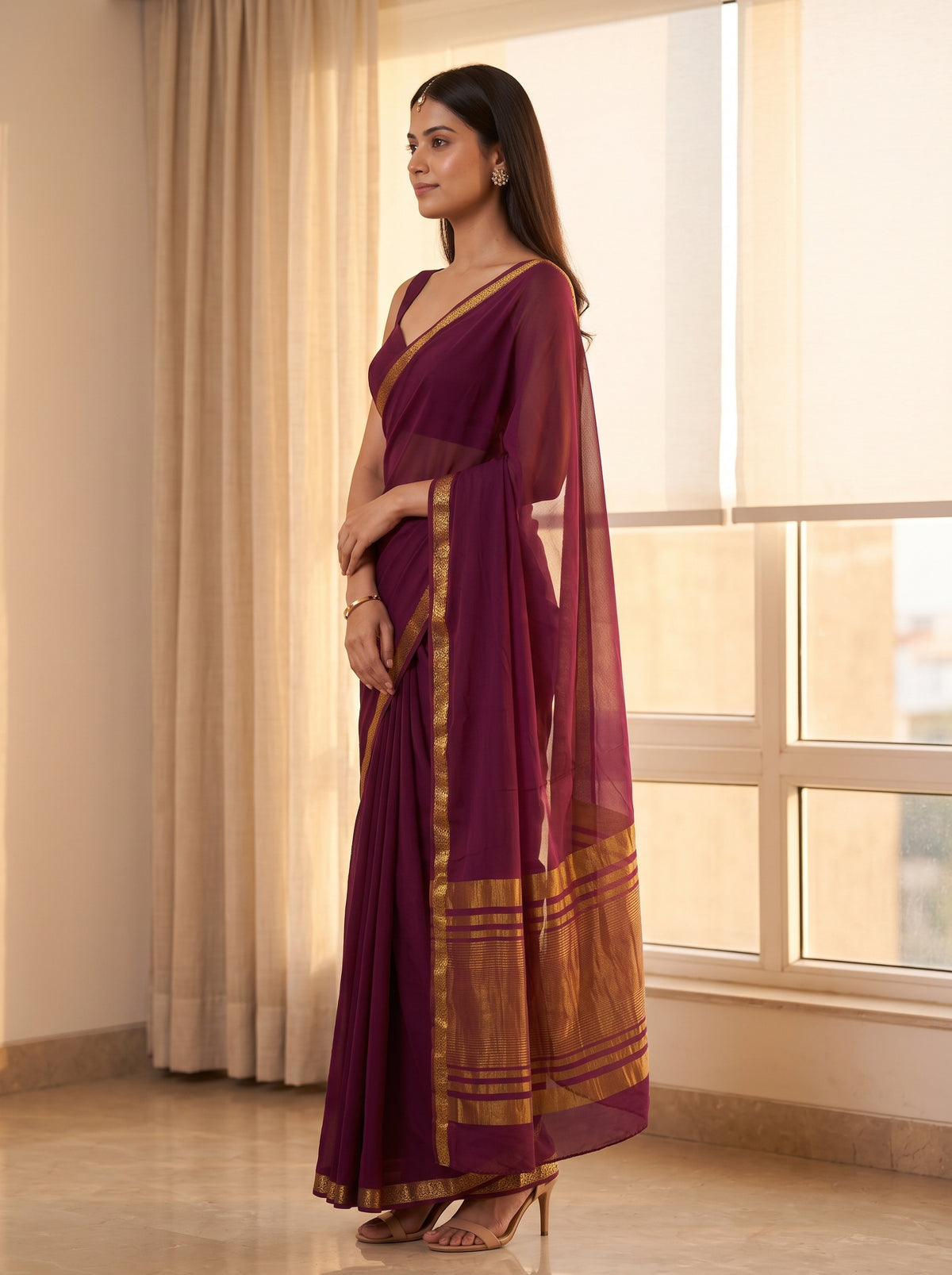 MIMOSA Wine Mysore Silk Crepe Saree — pose 3 styling detail