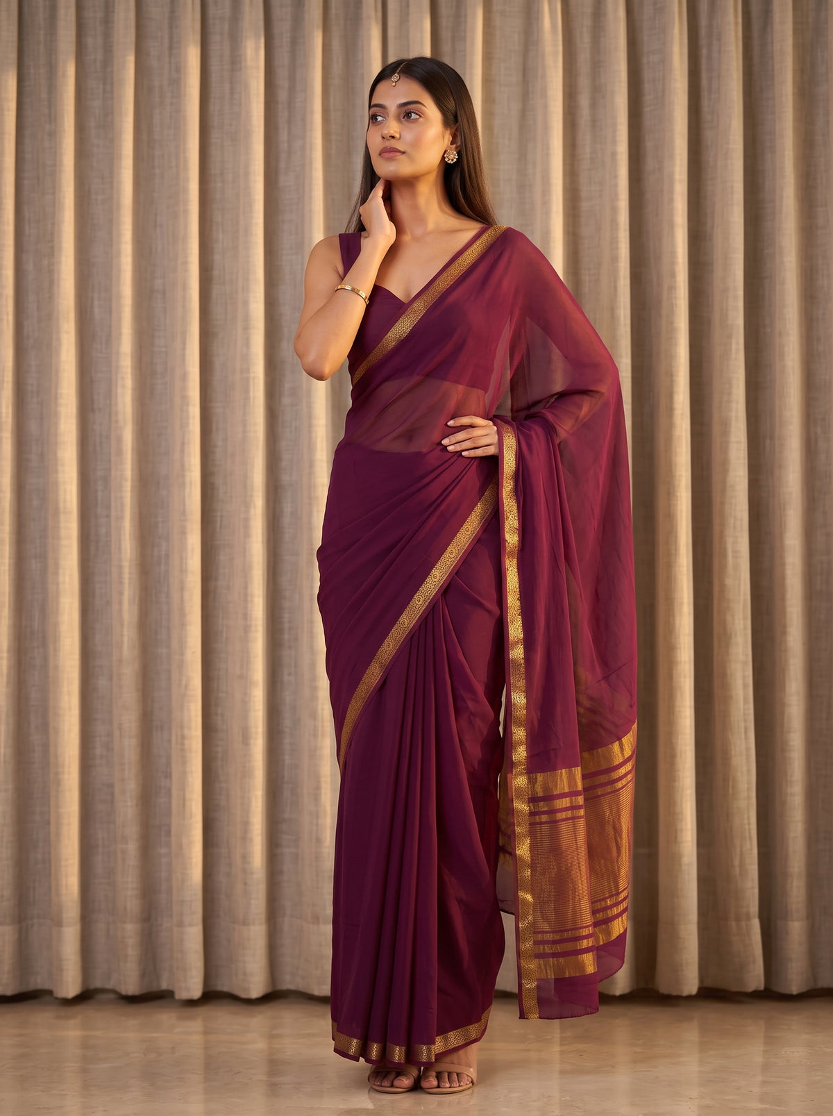 MIMOSA Wine Mysore Silk Crepe Saree — pose 4 styling detail