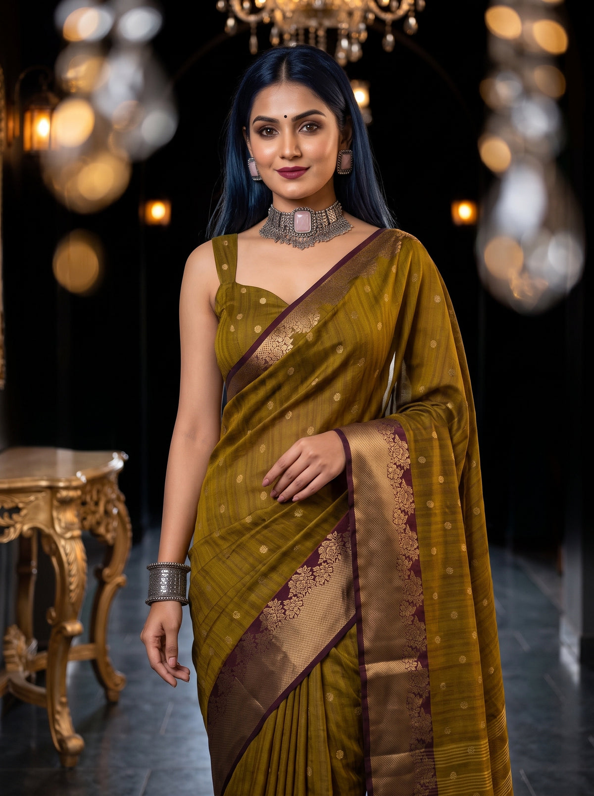 MIMOSA Chocolate Banarasi Raw Silk Saree — pose 10 styling detail