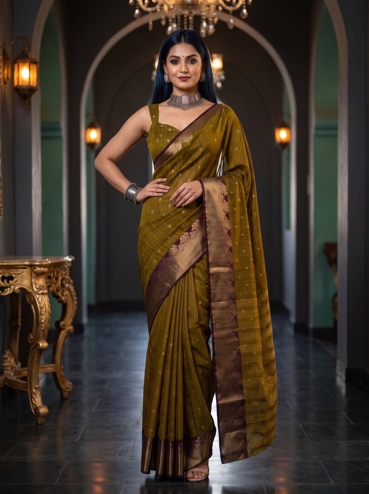 MIMOSA Chocolate Banarasi Raw Silk Saree — pose 4 styling detail