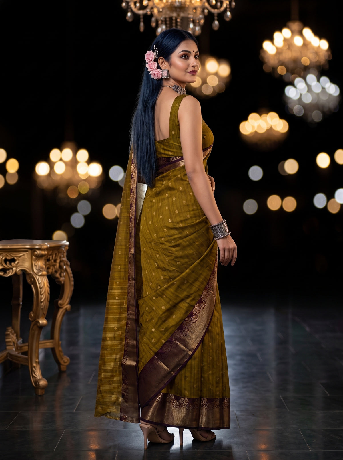 MIMOSA Chocolate Banarasi Raw Silk Saree — pose 5 styling detail