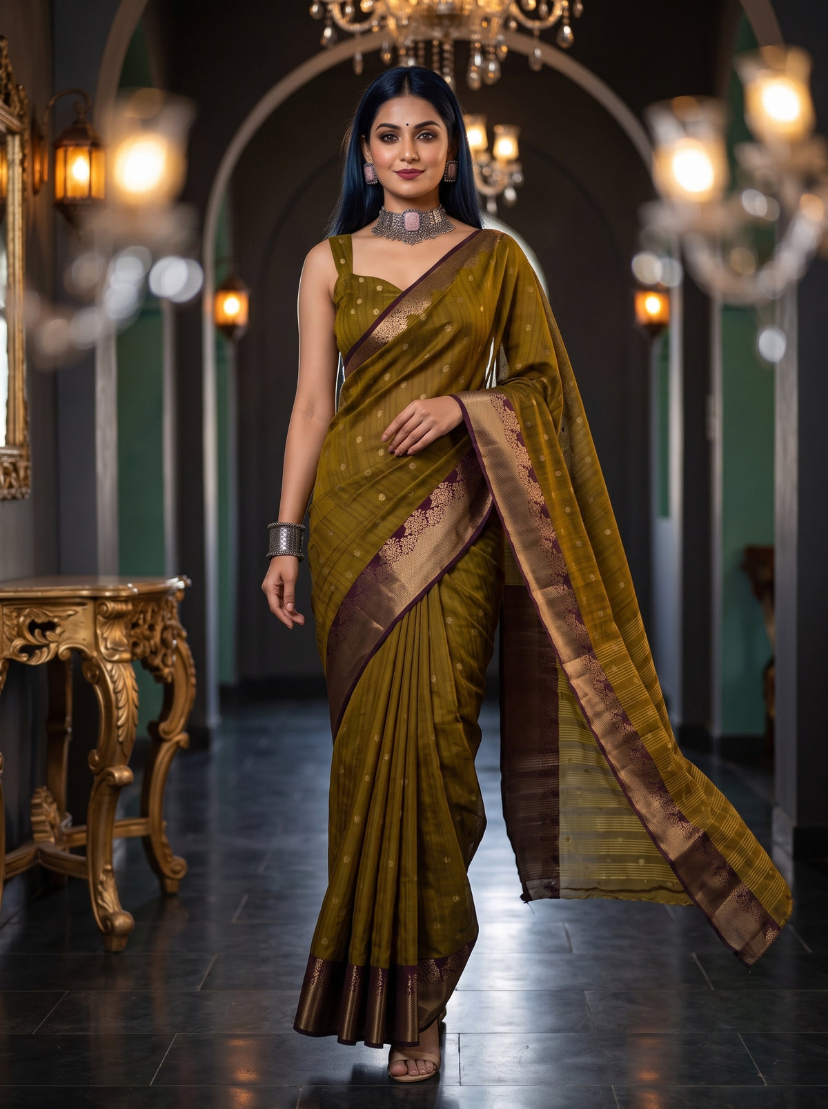 MIMOSA Chocolate Banarasi Raw Silk Saree — pose 6 styling detail