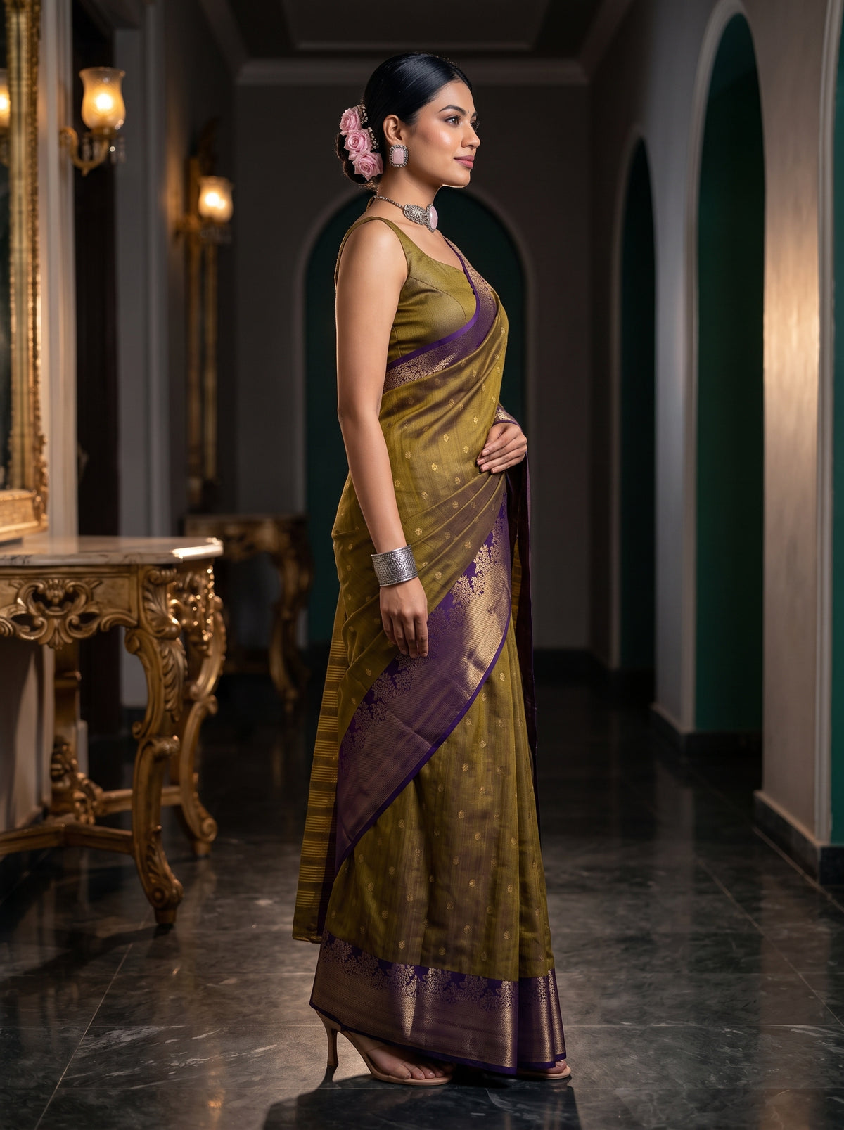 MIMOSA Jamun Banarasi Raw Silk Saree — pose 3 styling detail