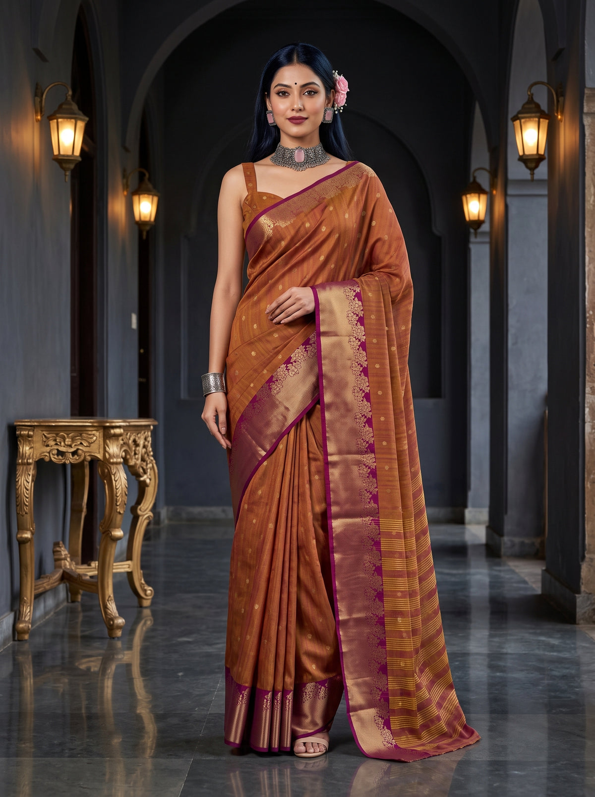 MIMOSA Magenta Banarasi Raw Silk Saree — Model wearing saree