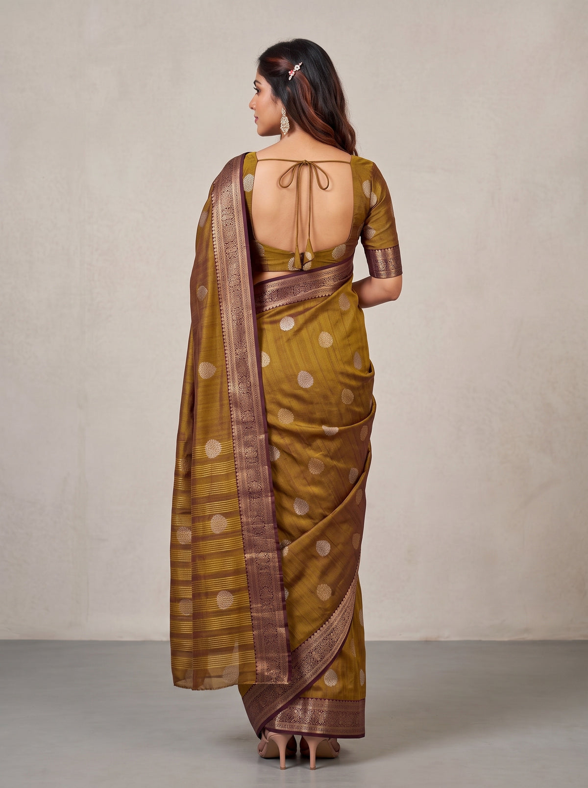 MIMOSA Chocolate Banarasi Saree — pose 2 styling detail