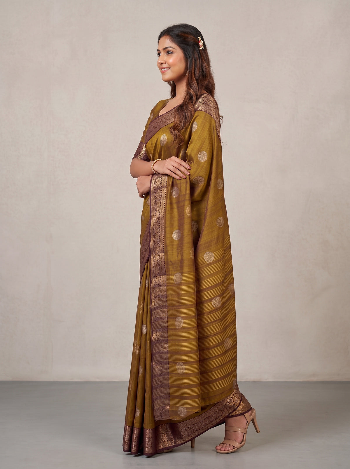 MIMOSA Chocolate Banarasi Saree — pose 3 styling detail
