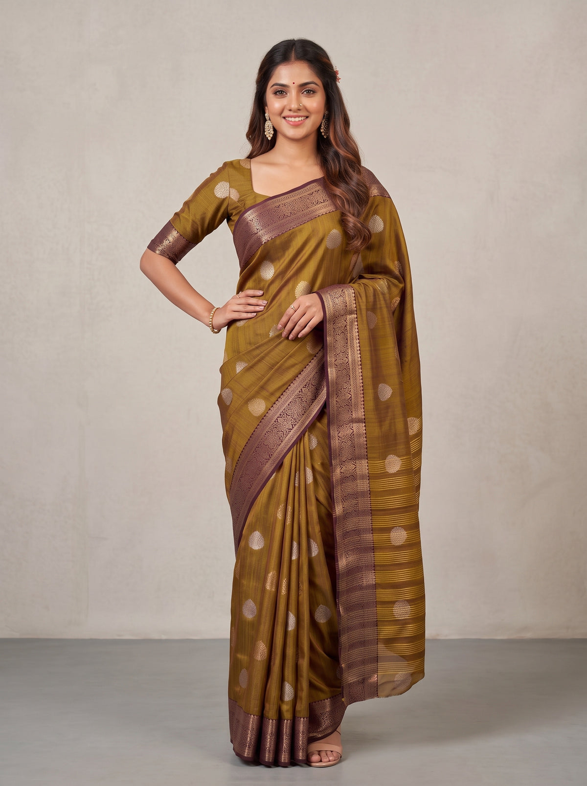 MIMOSA Chocolate Banarasi Saree — pose 4 styling detail