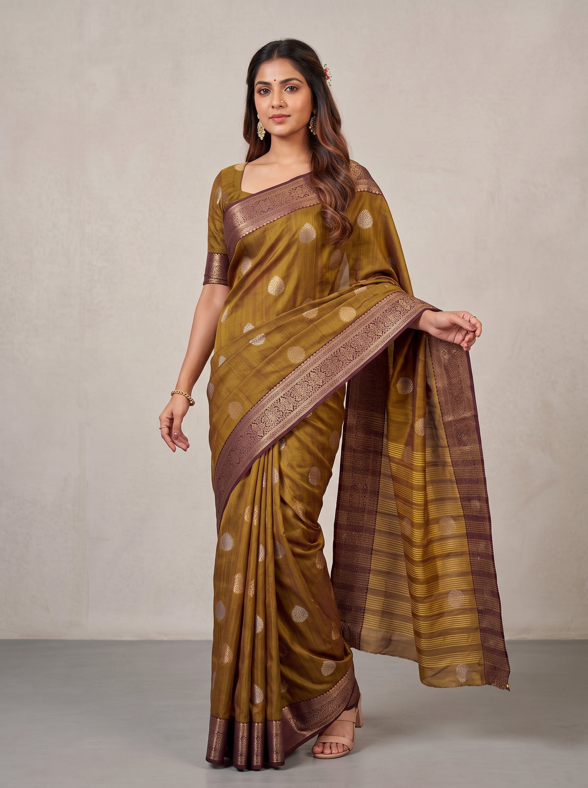 MIMOSA Chocolate Banarasi Saree — pose 5 styling detail