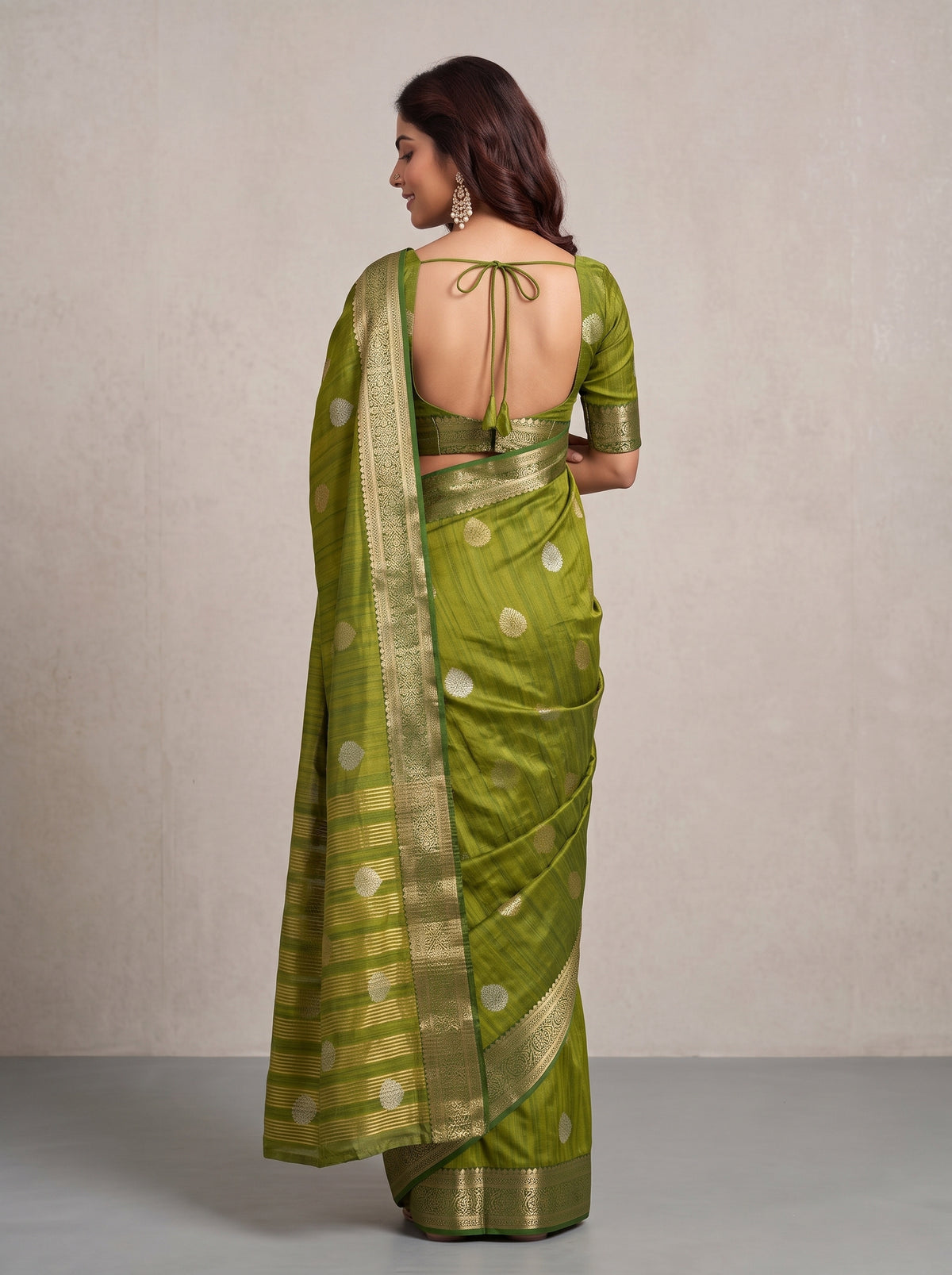MIMOSA Olive Banarasi Saree — pose 2 styling detail