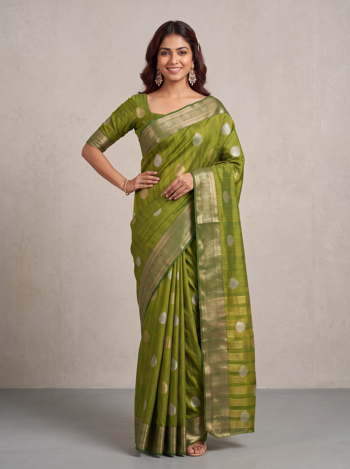 MIMOSA Olive Banarasi Saree — pose 4 styling detail
