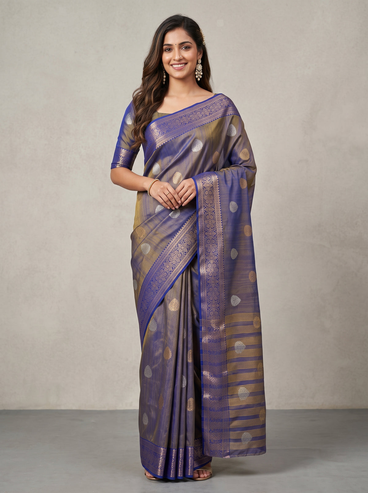 MIMOSA Royal Blue Banarasi Saree — front view on mannequin