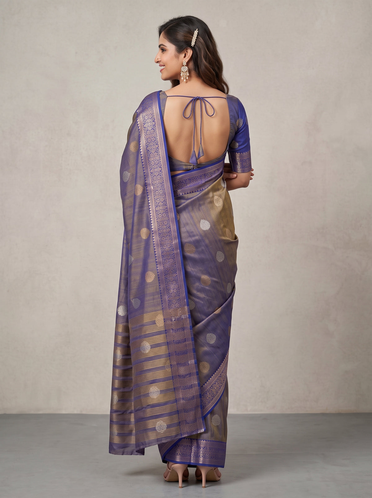 MIMOSA Royal Blue Banarasi Saree — pose 2 styling detail