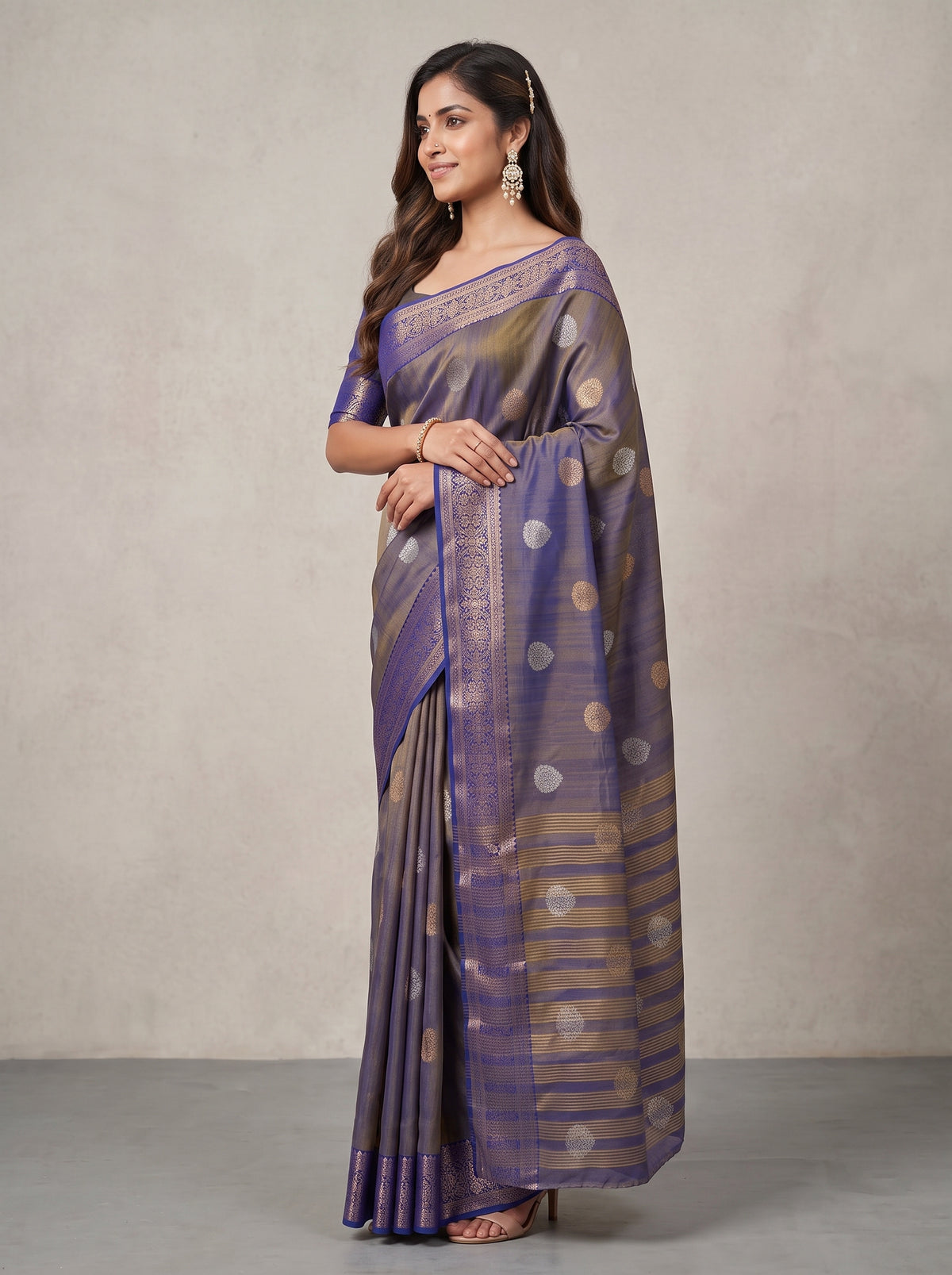 MIMOSA Royal Blue Banarasi Saree — pose 3 styling detail