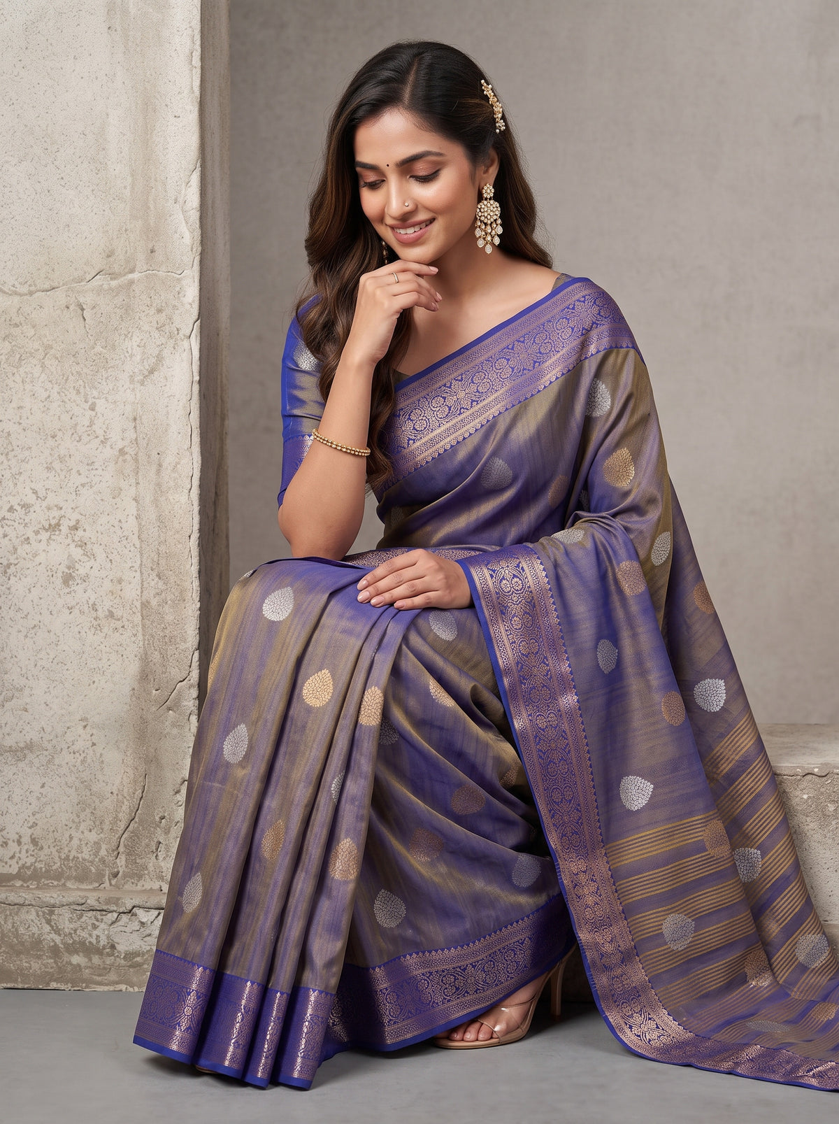 MIMOSA Royal Blue Banarasi Saree — pose 8 styling detail