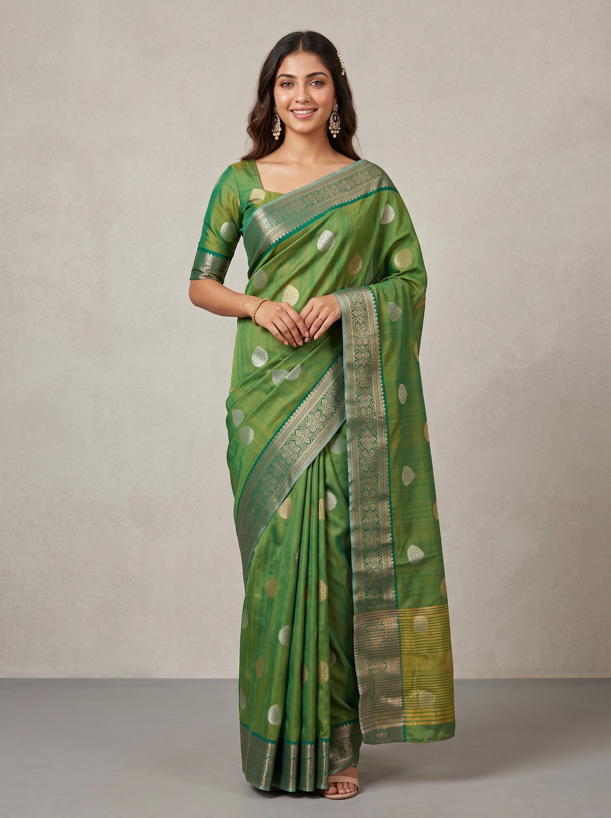 MIMOSA Rama Banarasi Saree — front view on mannequin