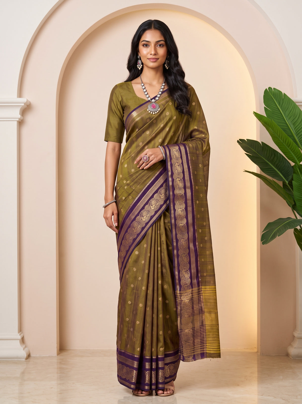 MIMOSA Jamun Banarasi Saree — front view on mannequin