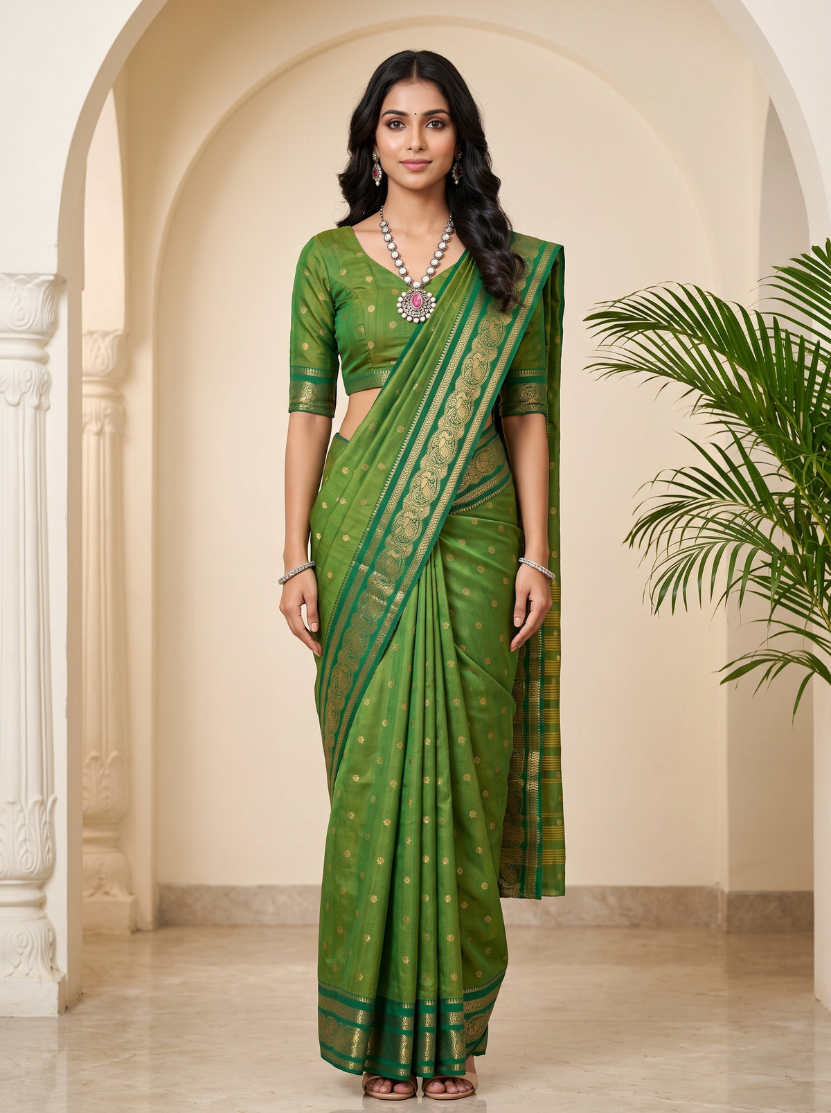 MIMOSA Rama Banarasi Saree — front view on mannequin