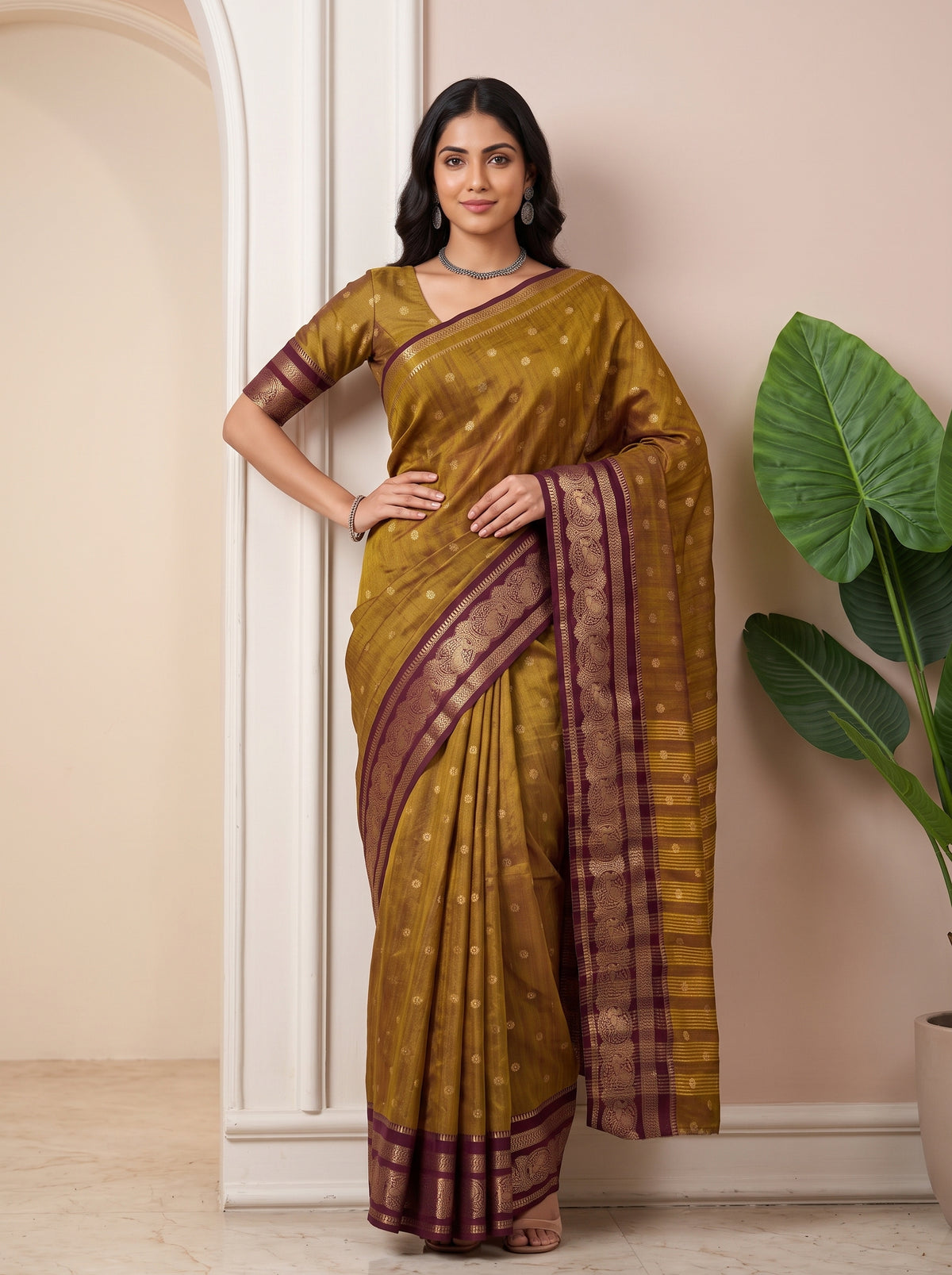 MIMOSA Wine Banarasi Saree — pose 4 styling detail