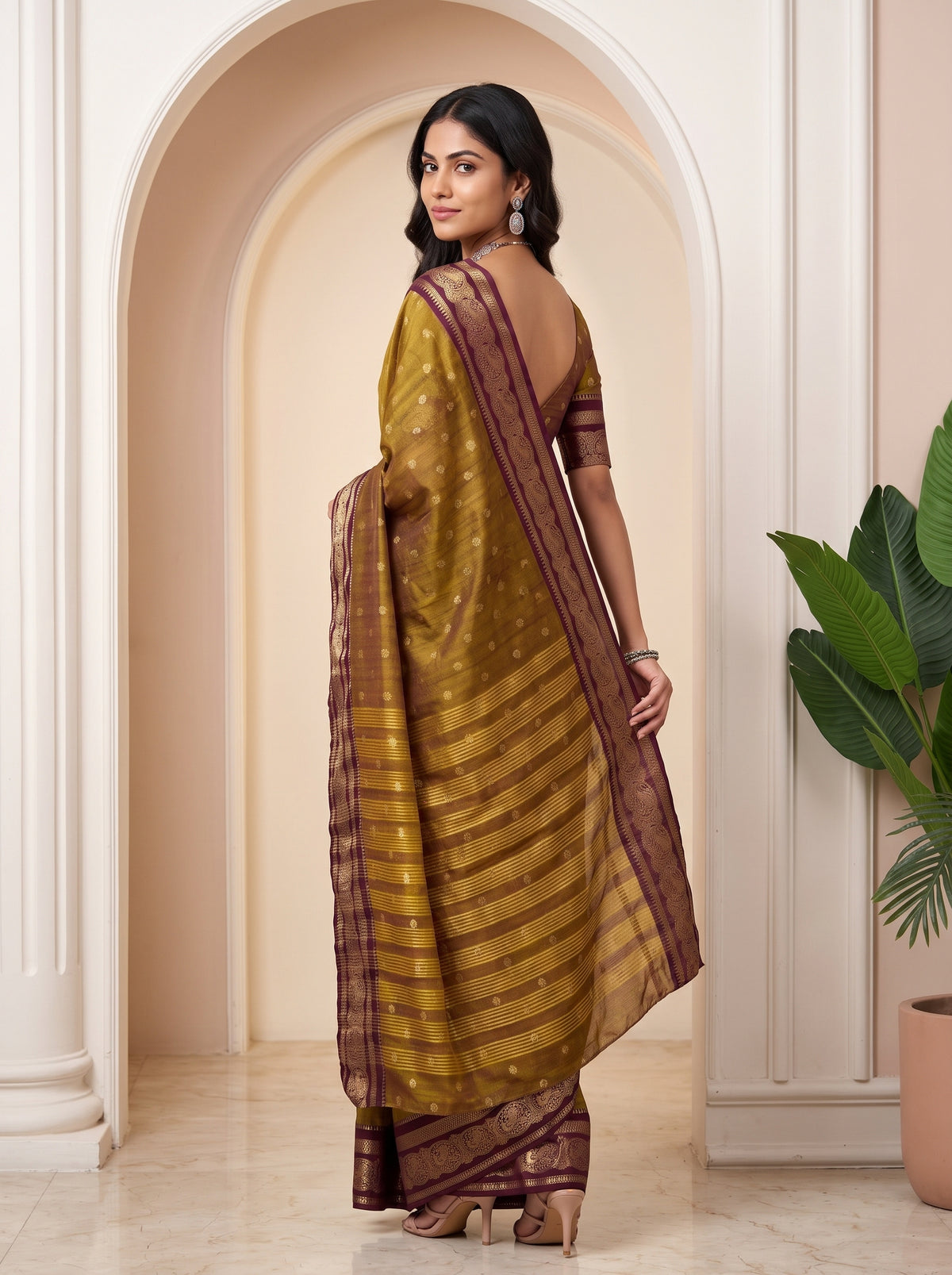MIMOSA Wine Banarasi Saree — pose 7 styling detail