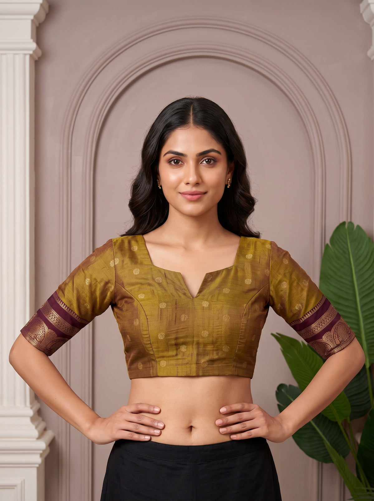 MIMOSA Wine Banarasi Saree — blouse close-up