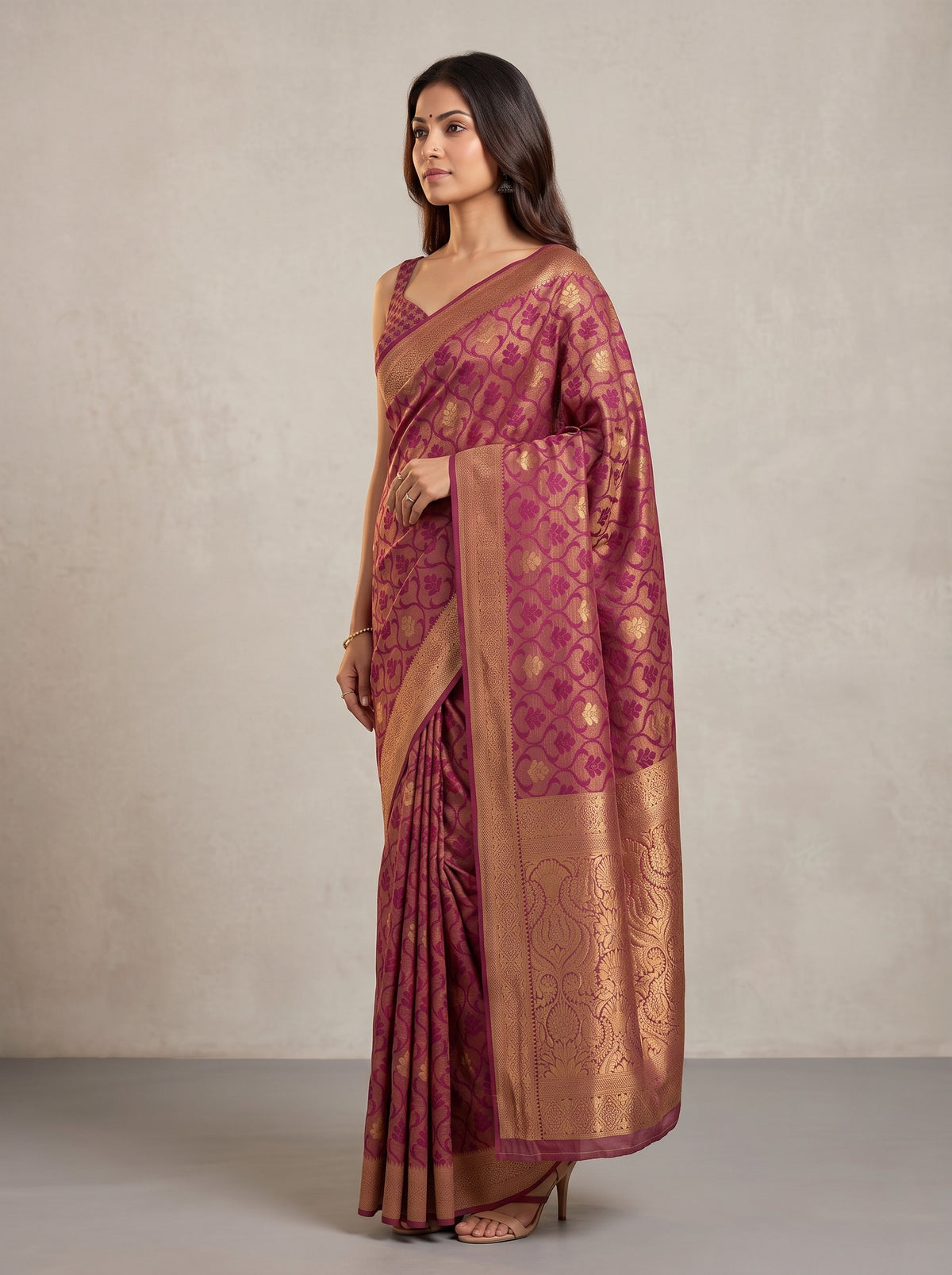 MIMOSA Wine Kanjivaram Art Silk Saree — pose 3 styling detail