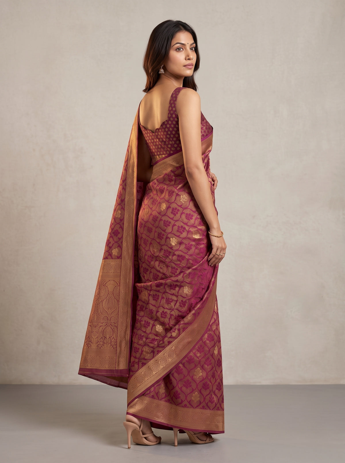 MIMOSA Wine Kanjivaram Art Silk Saree — pose 5 styling detail