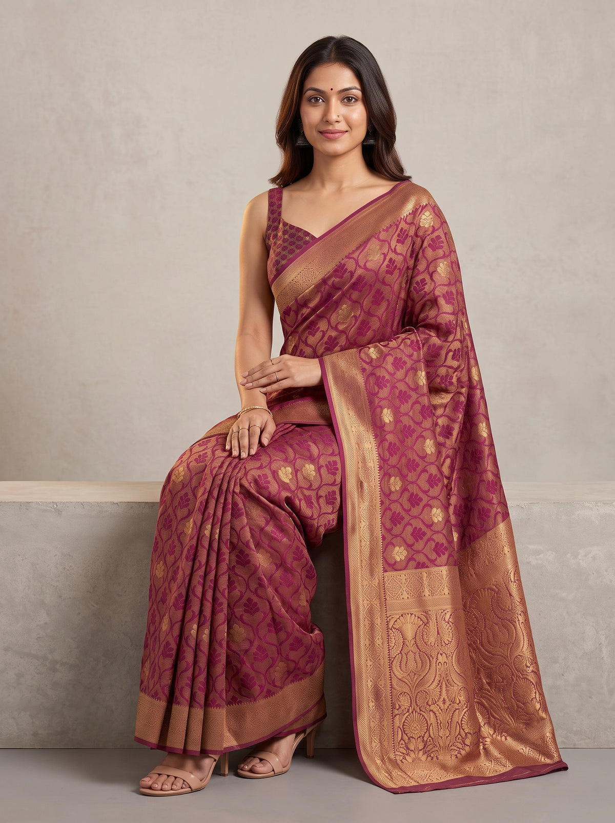MIMOSA Wine Kanjivaram Art Silk Saree — pose 8 styling detail