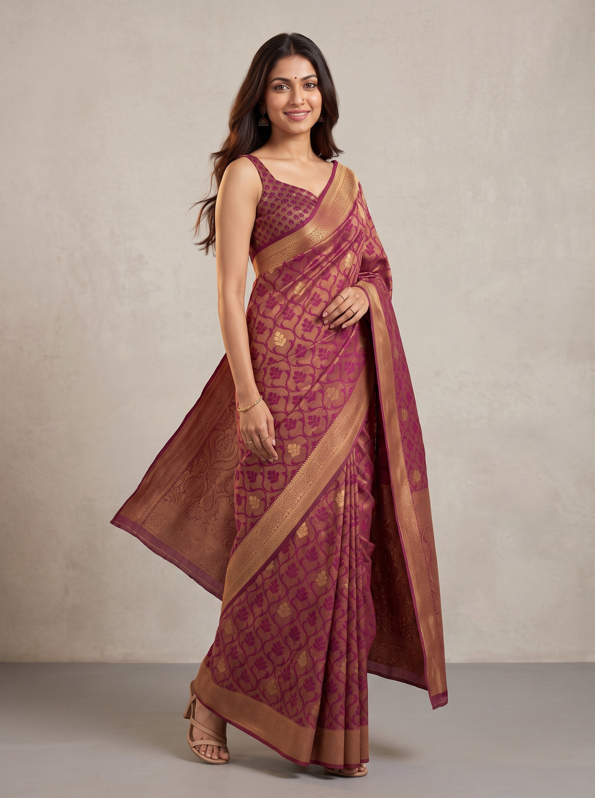 MIMOSA Wine Kanjivaram Art Silk Saree — pose 9 styling detail