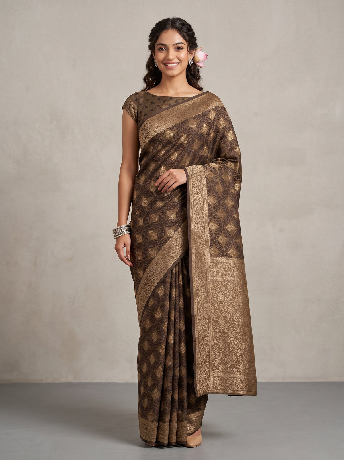 MIMOSA Chocolate Kanjivaram Saree — front view on mannequin