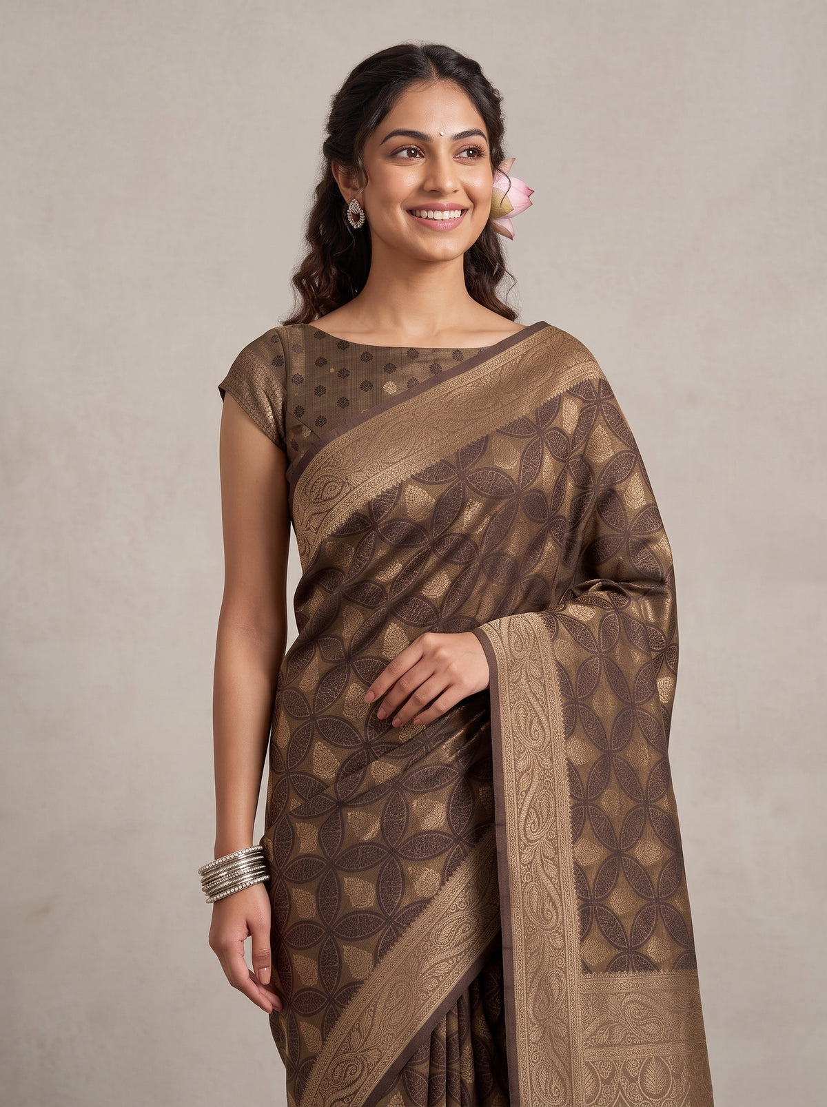MIMOSA Chocolate Kanjivaram Saree — pose 10 styling detail