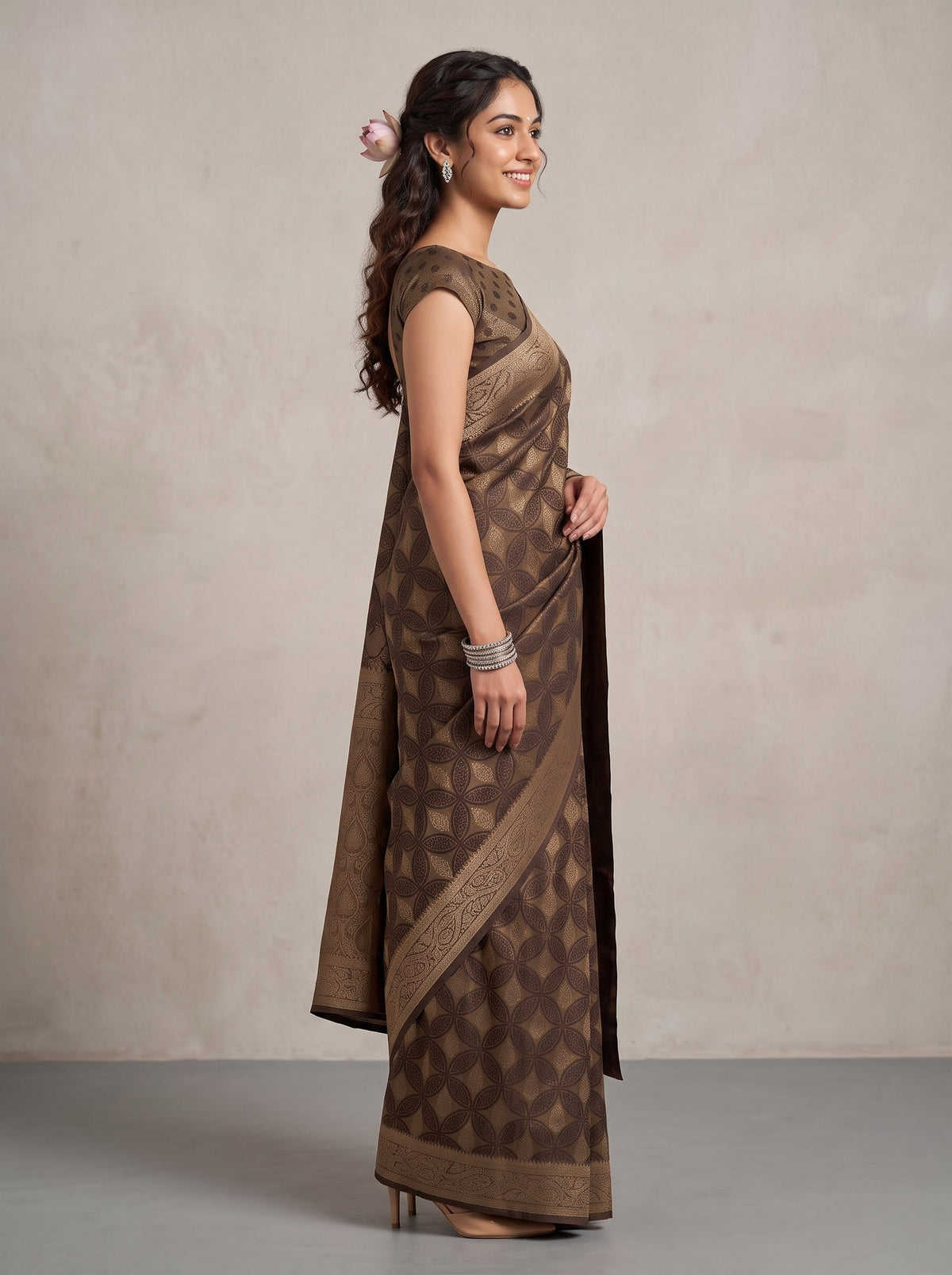 MIMOSA Chocolate Kanjivaram Saree — pose 3 styling detail